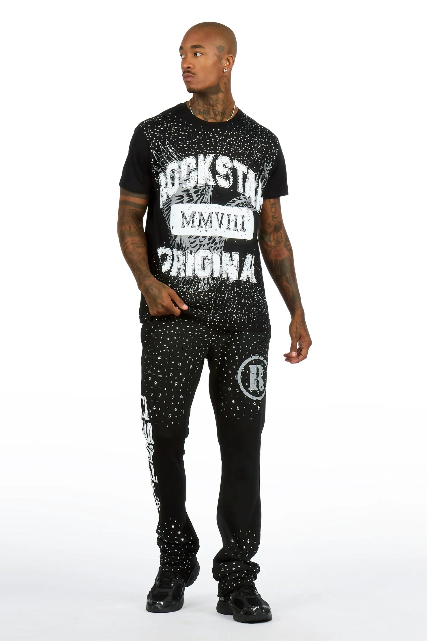 Borya 2.0 Black/Black Rhinestone T-Shirt/Relaxed Track Set