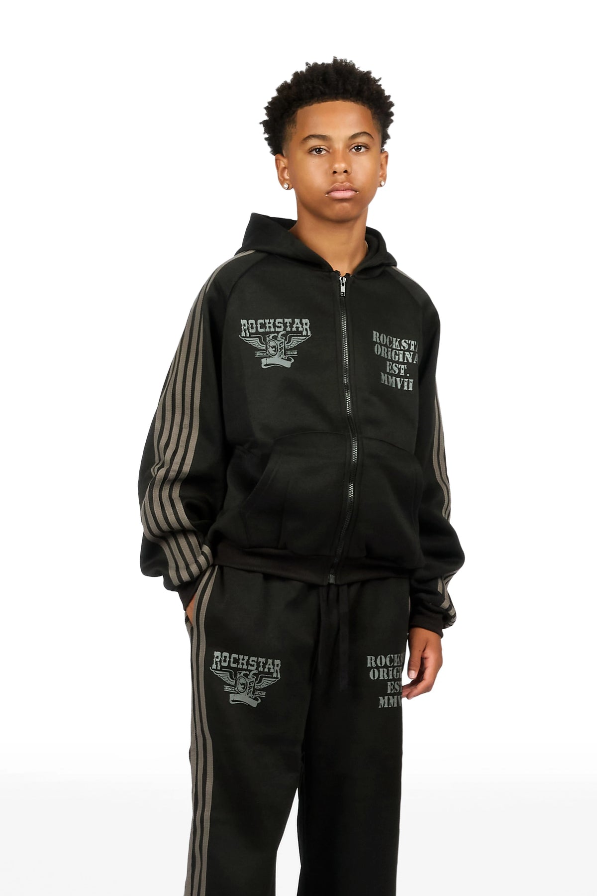 Boys Manier Black/Grey Zip Up Hoodie Relaxed Pant Track Set