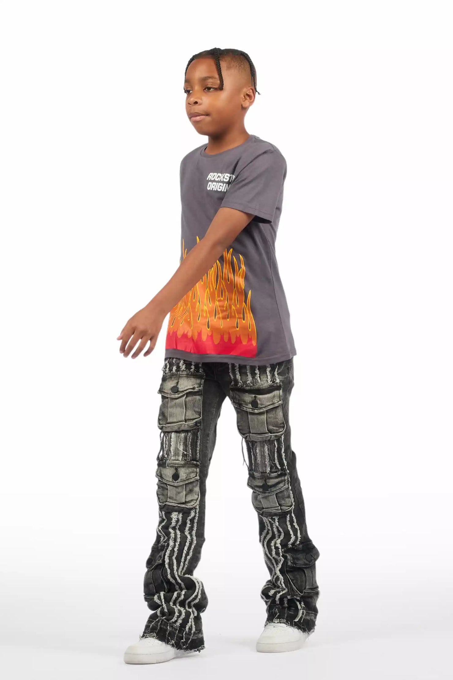 Boys Frey Black Stacked Flare Jean