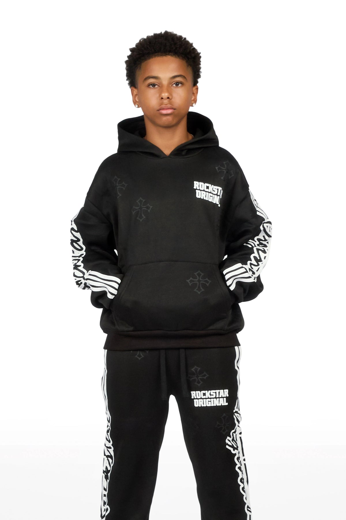Boys Osso Black Hoodie Stacked Track Set