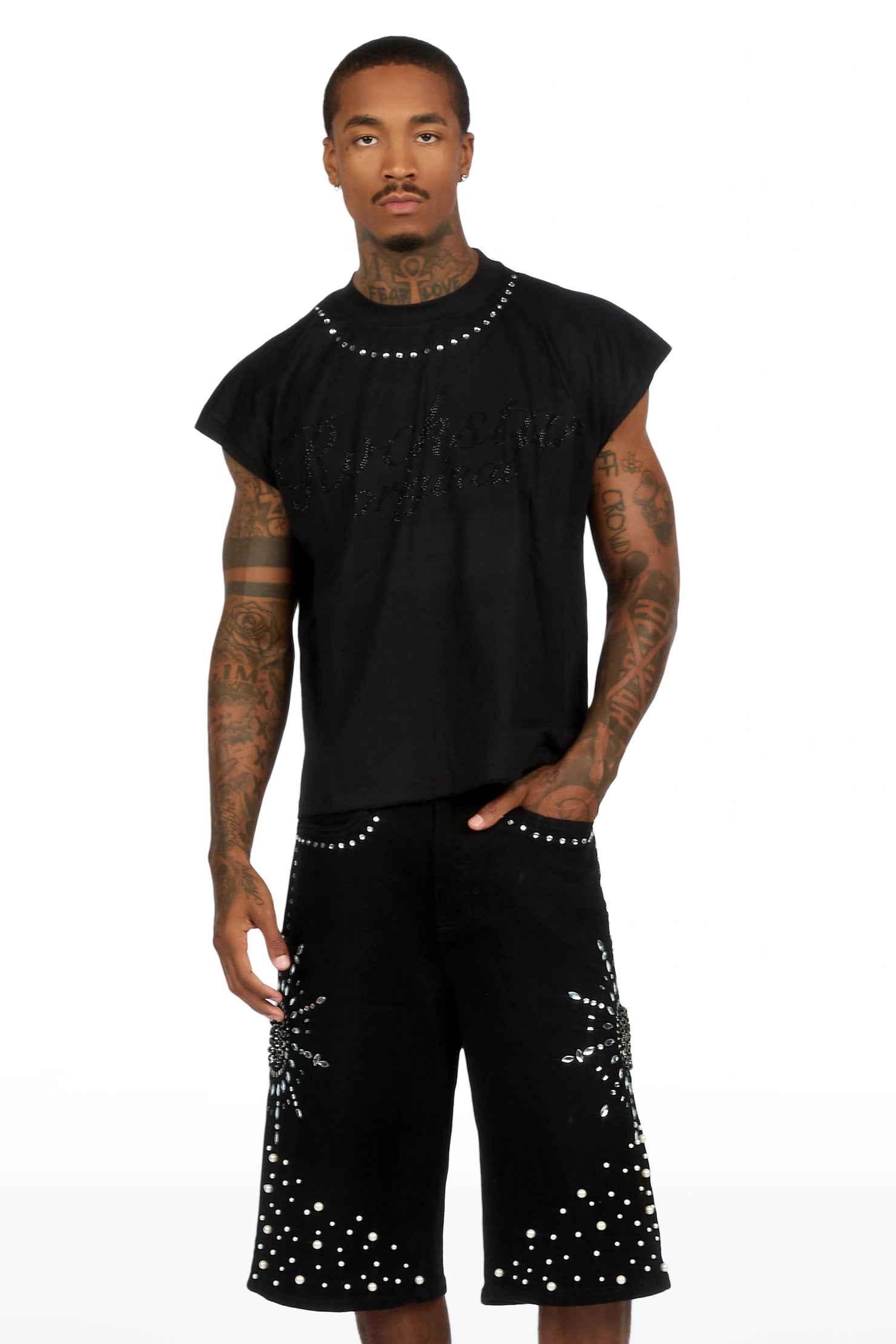Tryst Black Rhinestone Cut Sleeve T-Shirt Denim Short Set
