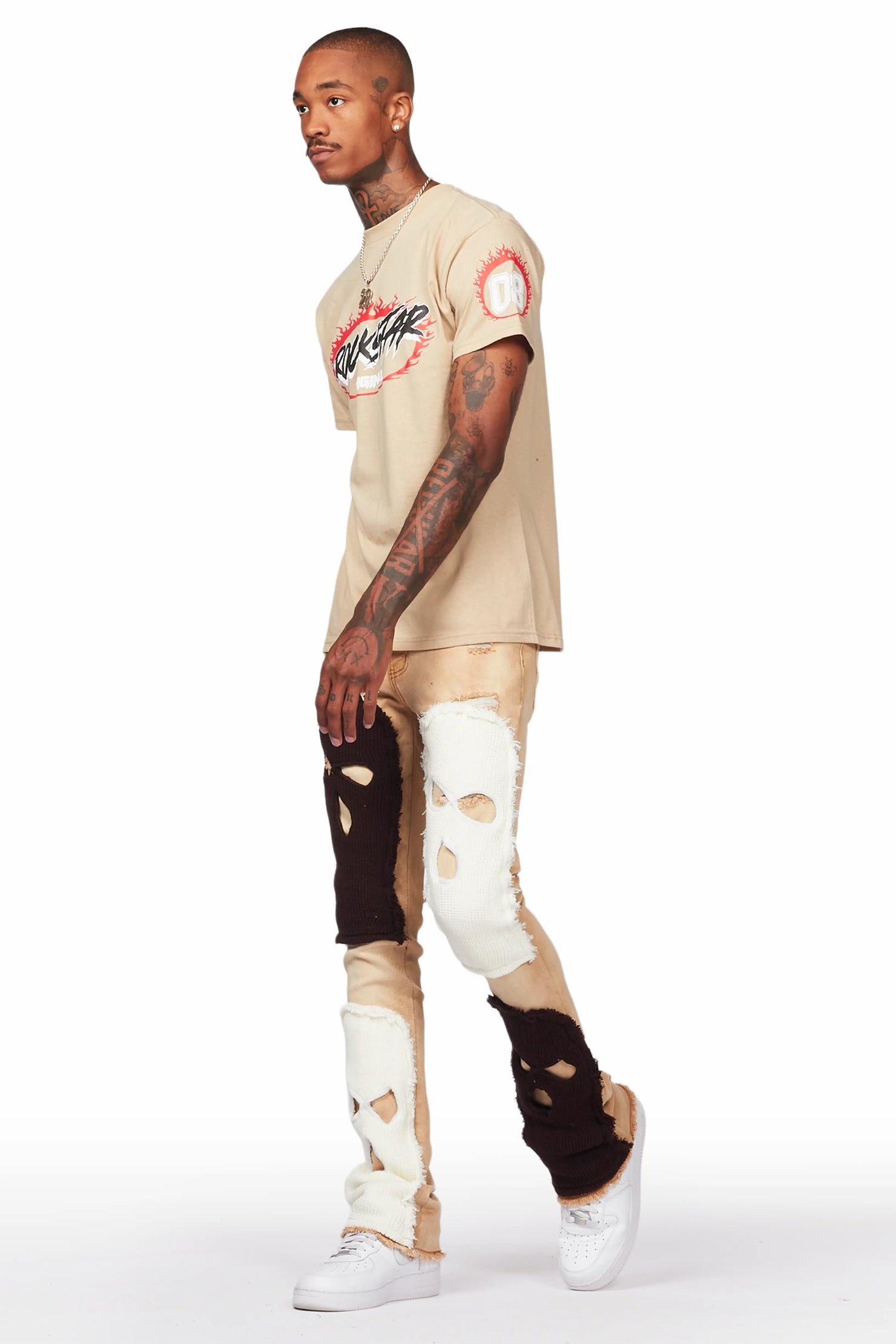 Destry Tan Patchwork Stacked Flare Jean