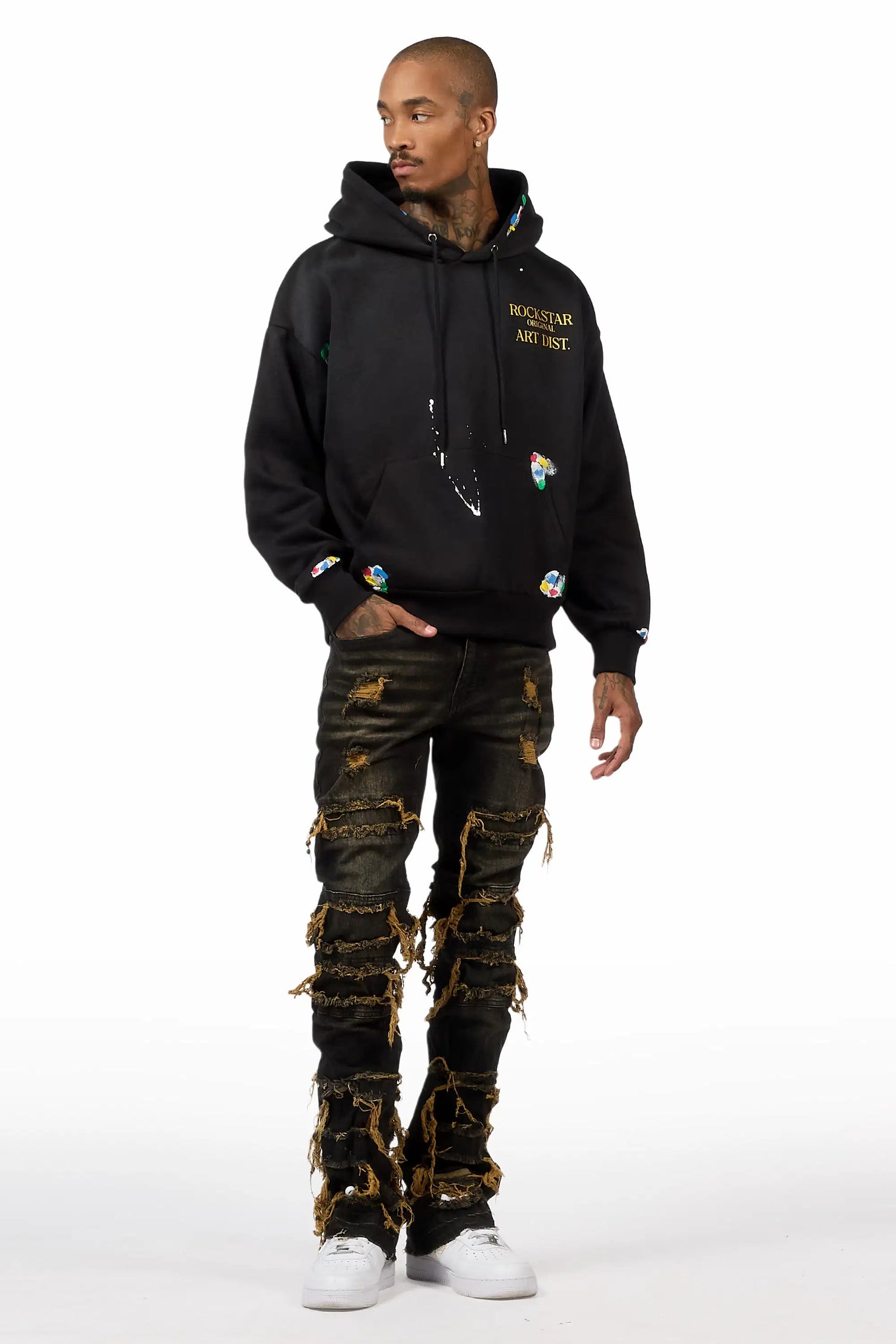 Palmer Black Relaxed Hoodie & Vasco Tint Grey Stacked Flare Jean Set