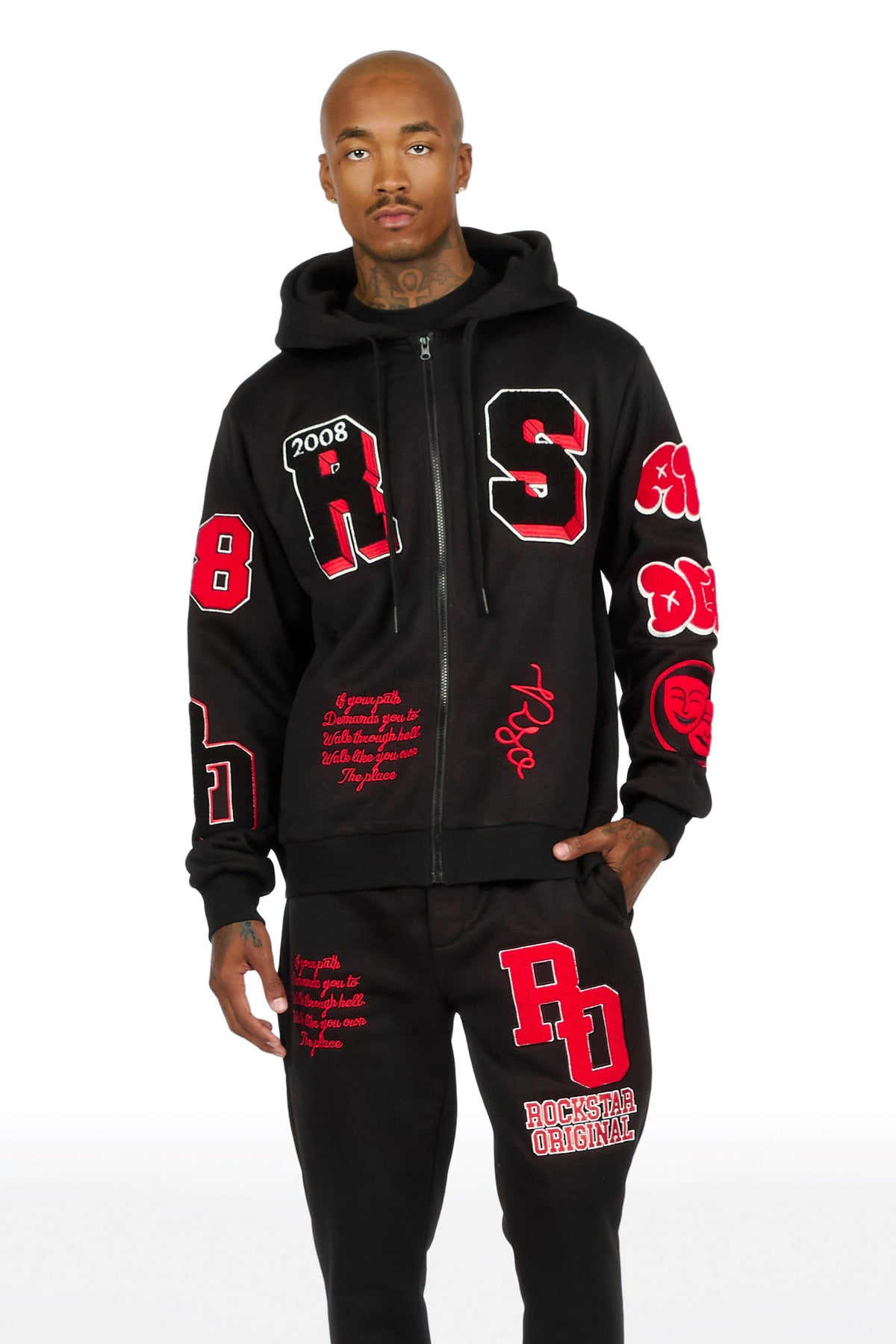 Leslaw Black/Red Zip Up Hoodie Stacked Track Set
