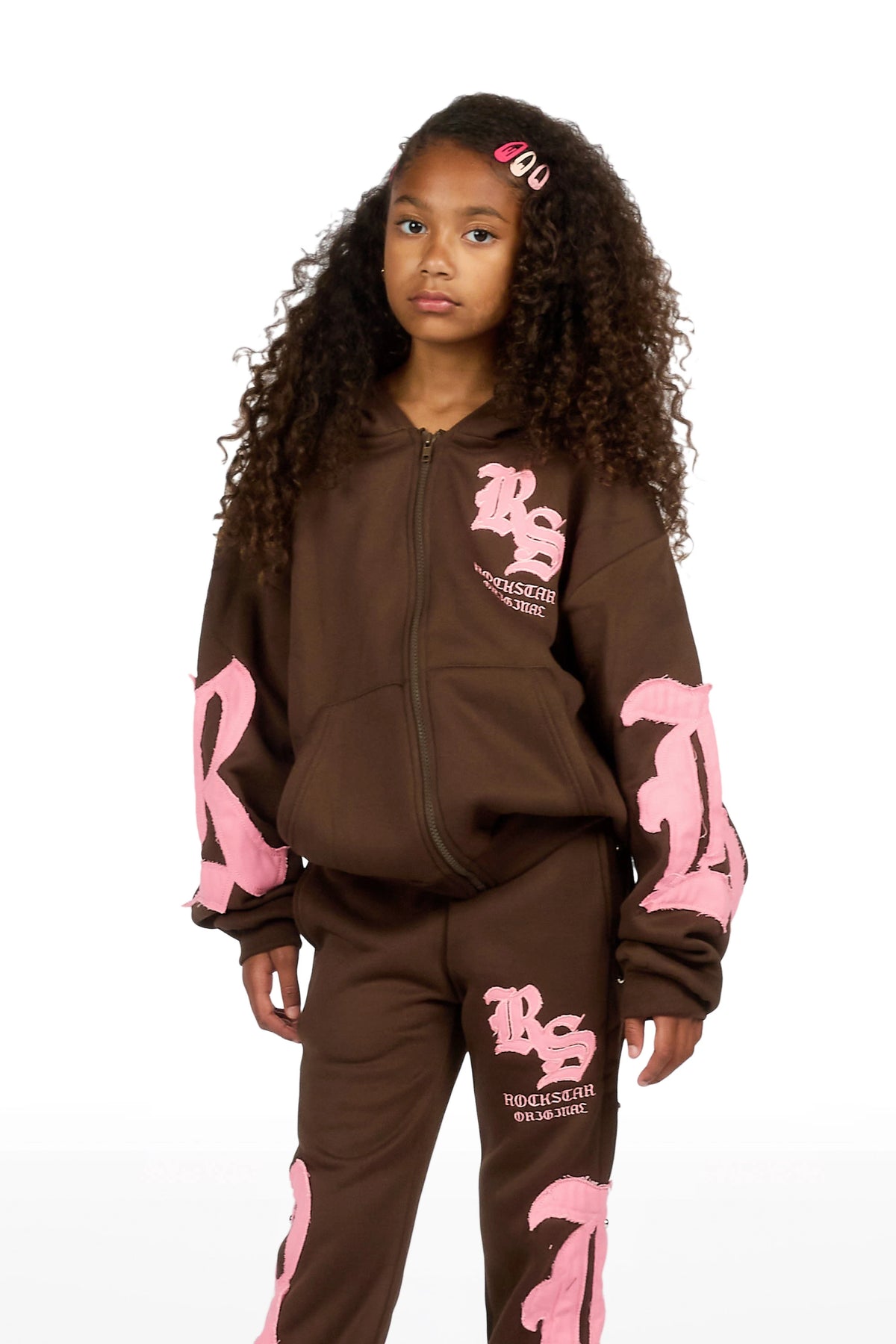 Girls Shironda Brown/Pink Zip Up Hoodie Stacked Track Set