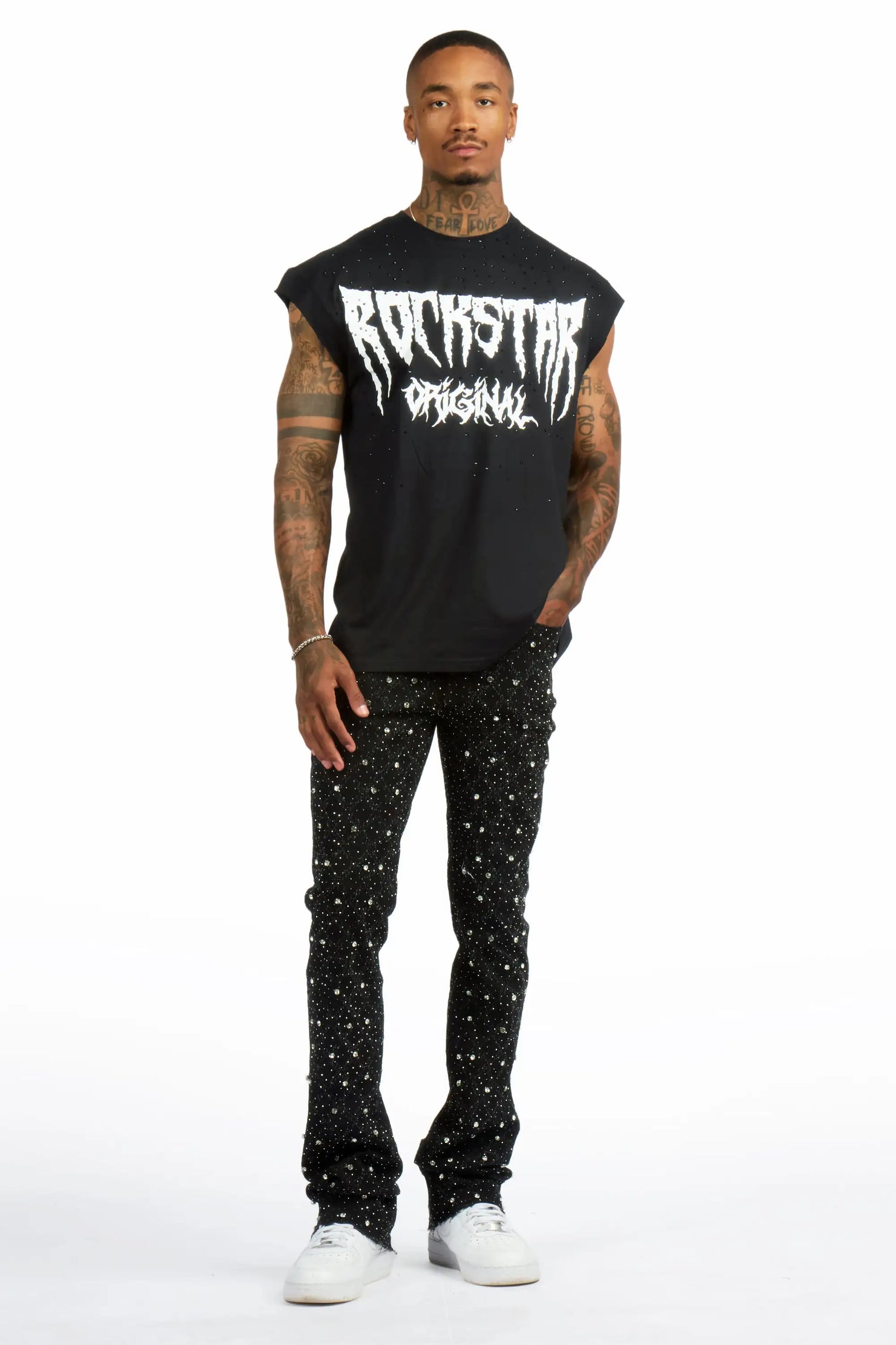 Andros 2.0 Black Rhinestone Oversized Graphic T-Shirt & Glit Rhinestone Stacked Flare Jean Set