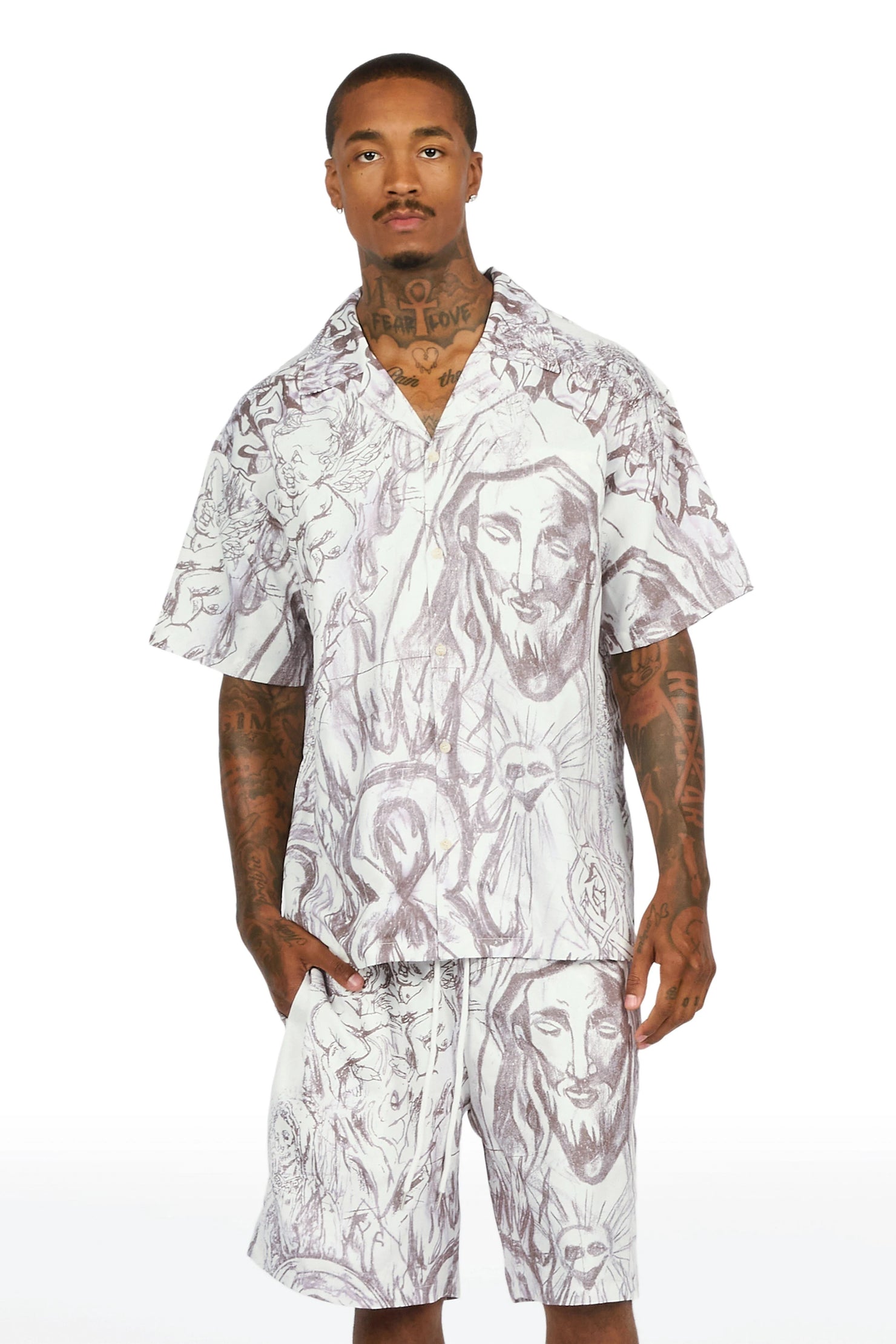 Fenno White Button Down T-Shirt/Short Set