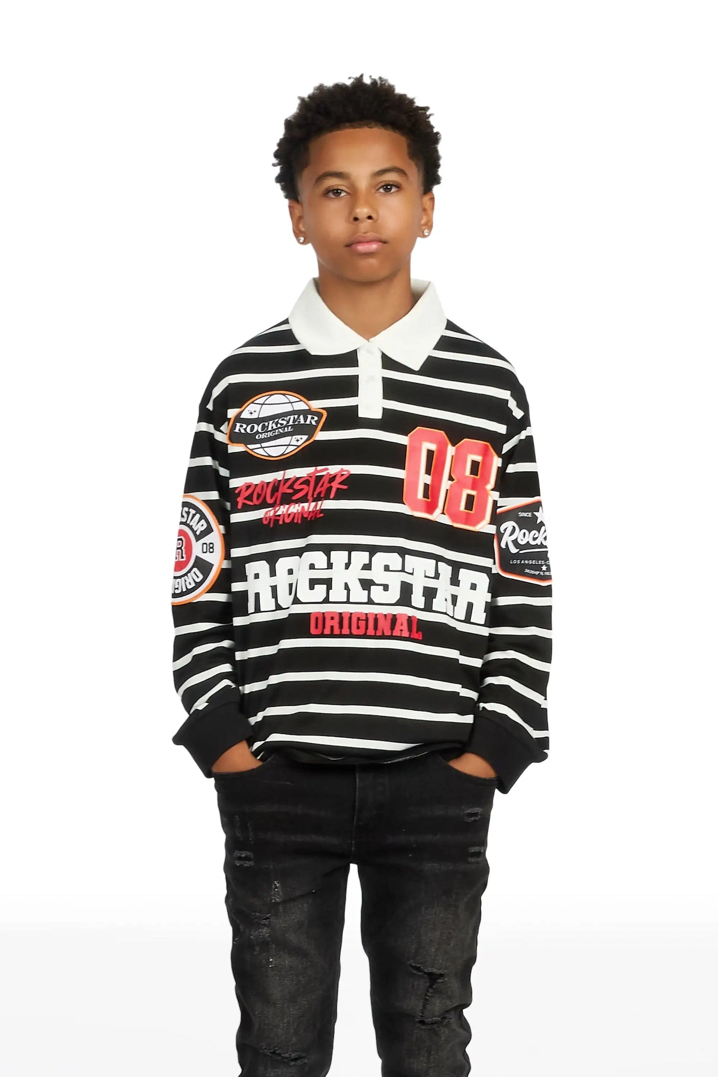 Boys Genis Black/White Long Sleeve Polo