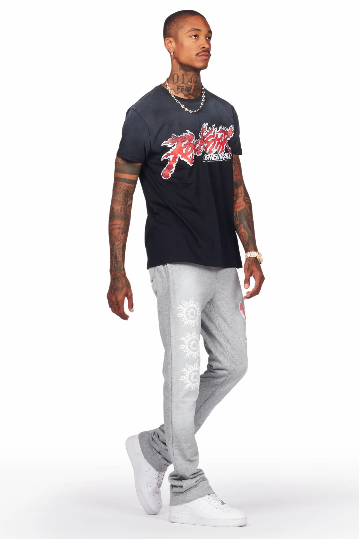 Yash Black/Grey T-Shirt/Stacked Flare Track Pant Set