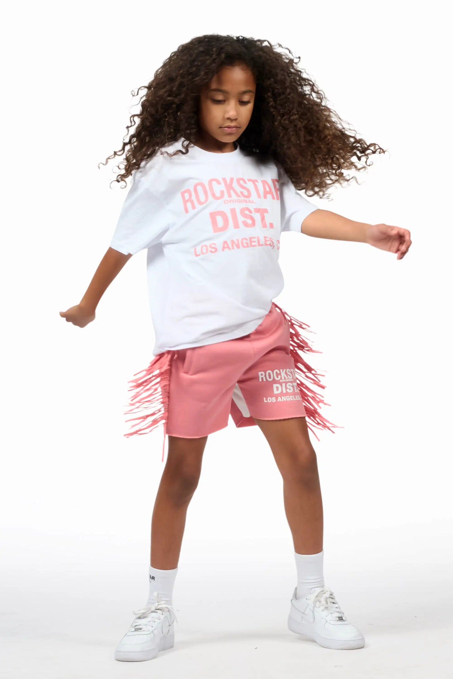 Girls Kendra White/Pink Graphic T-Shirt/Fringe Short Set