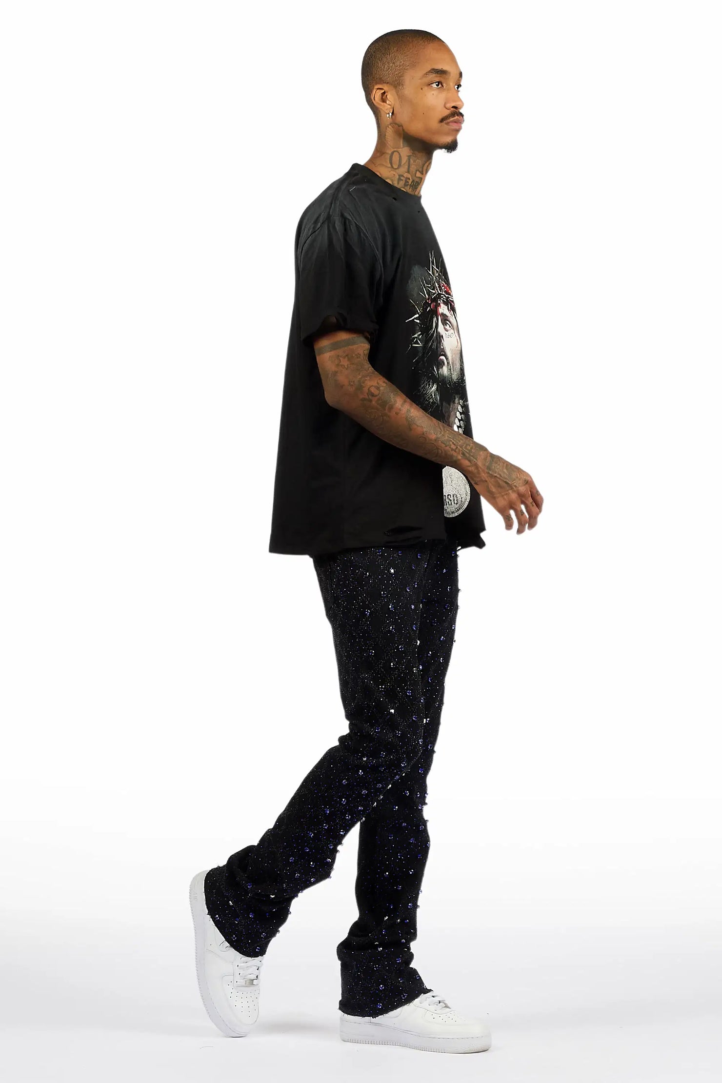 Glit Black/Royal Rhinestone Stacked Flare Jean