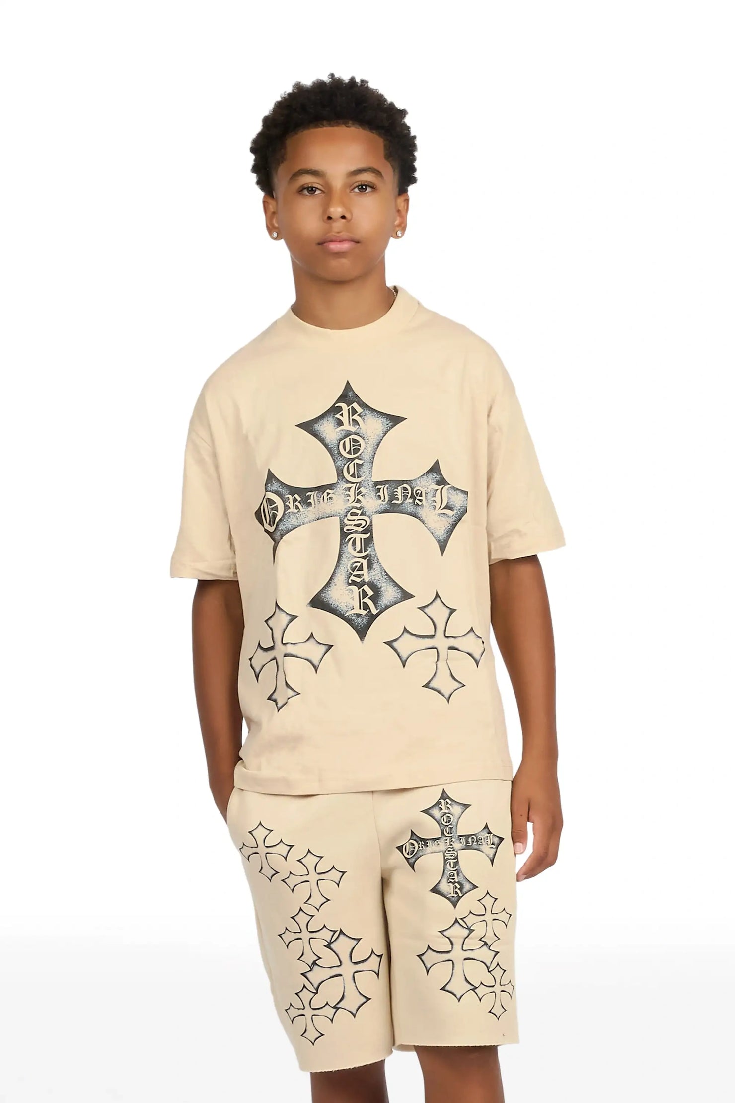 Boys Marizon Beige Oversized T-Shirt/Short Set