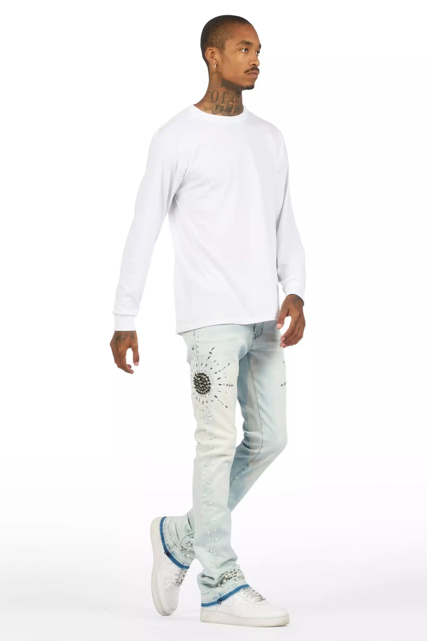 Tryst Light Blue Rhinestone Stacked Flare Jean