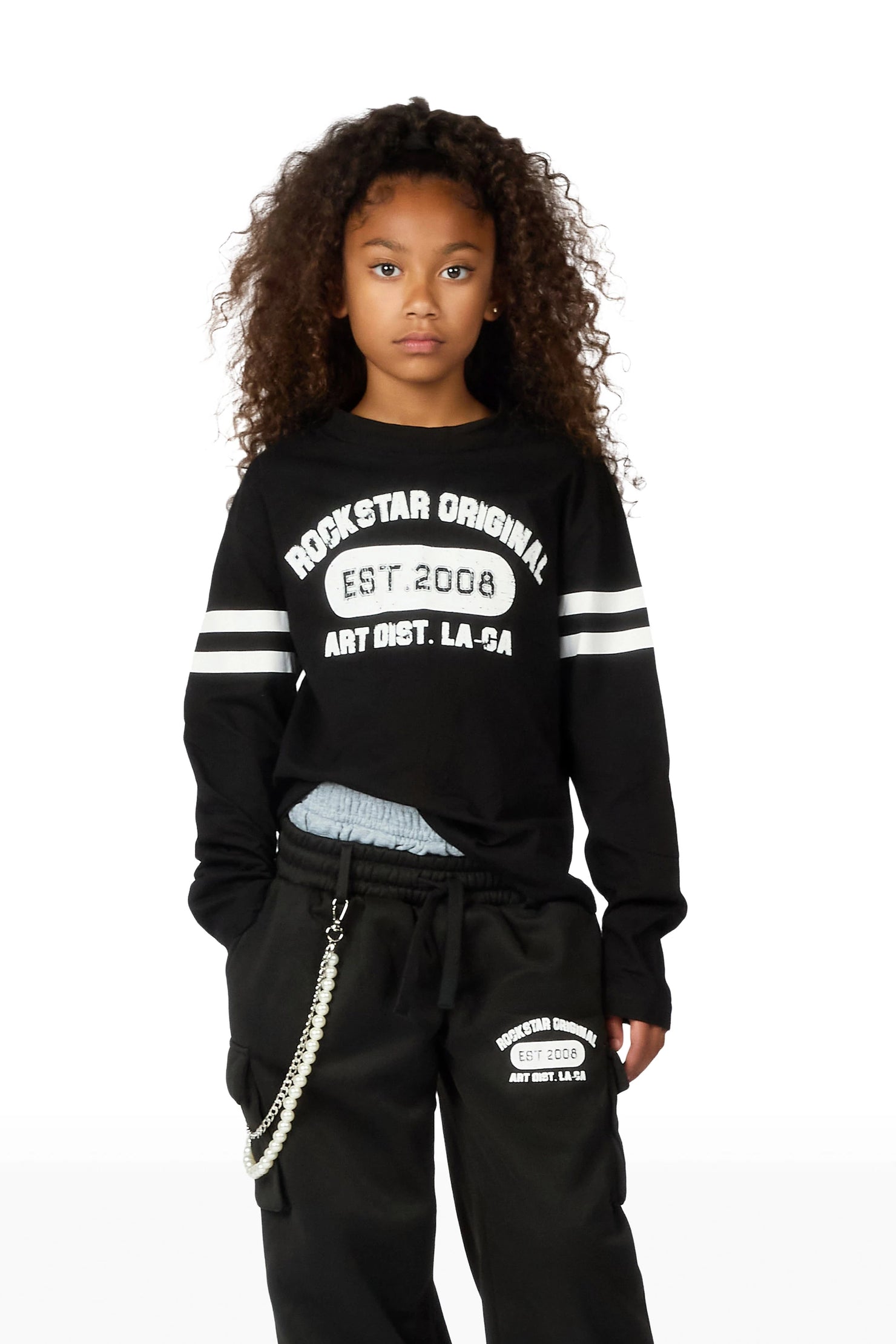 Girls Alexa Black Long Sleeve Shirt Double Waisted Super Baggy Track Set