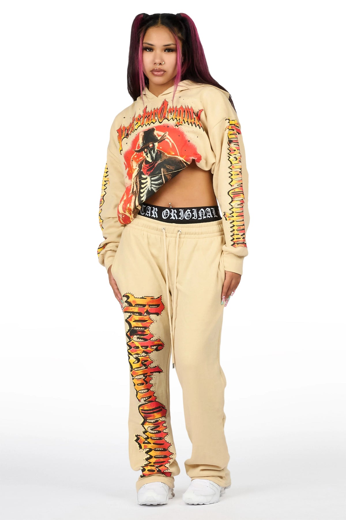 Anneleise Beige Graphic Baggy Fit Track Set