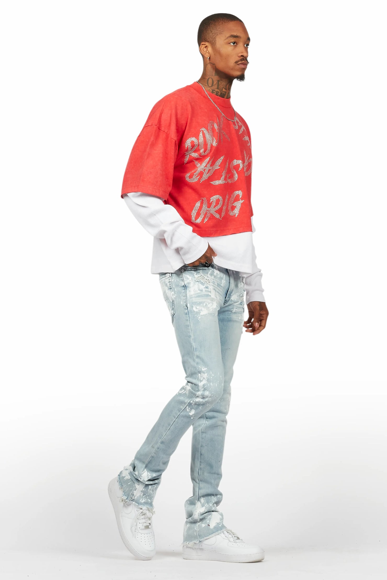 Bence Vintage Red Thermal Double Layer Boxy Crop T-Shirt