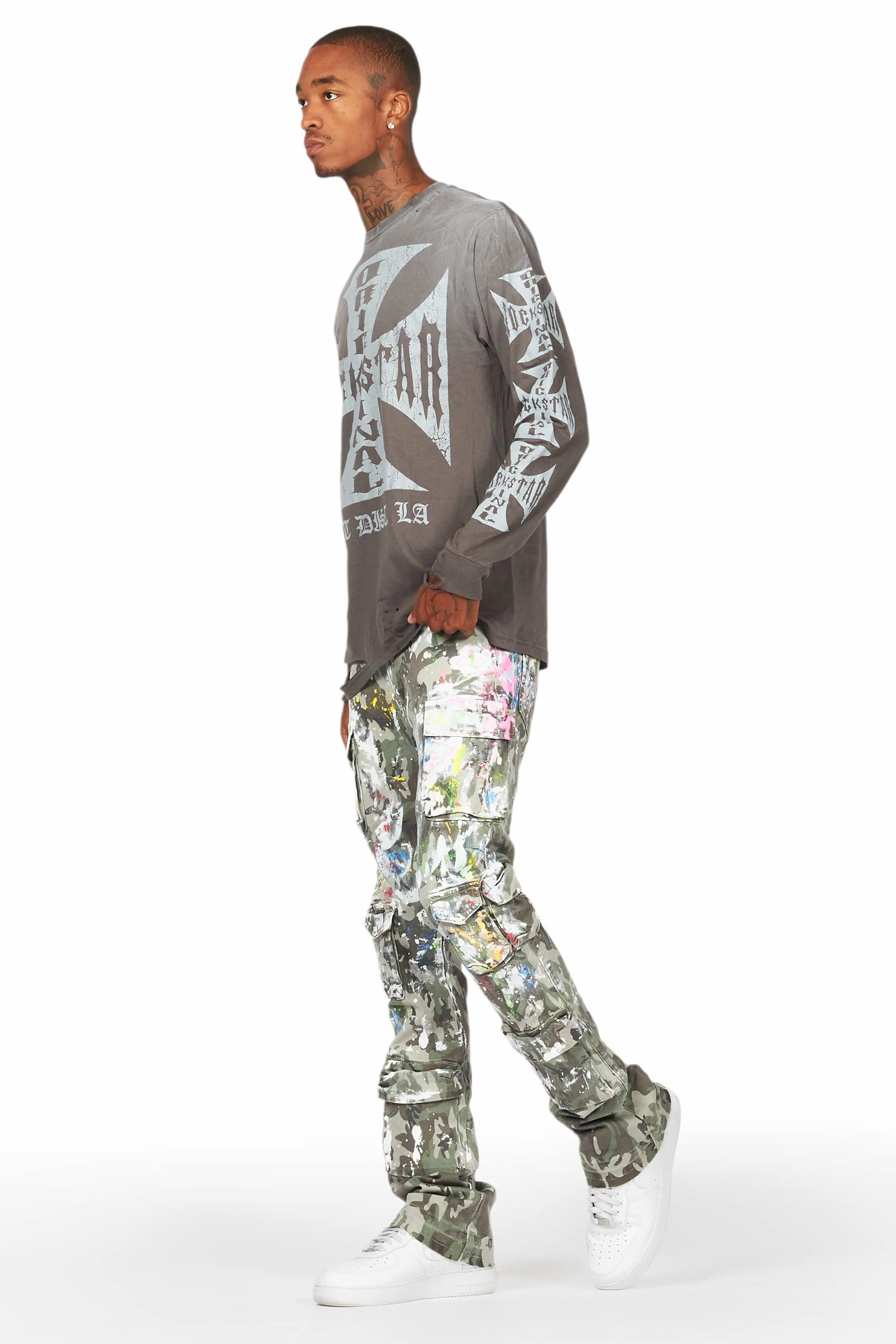 Callias Green Camo Painter Stacked Flare Jean