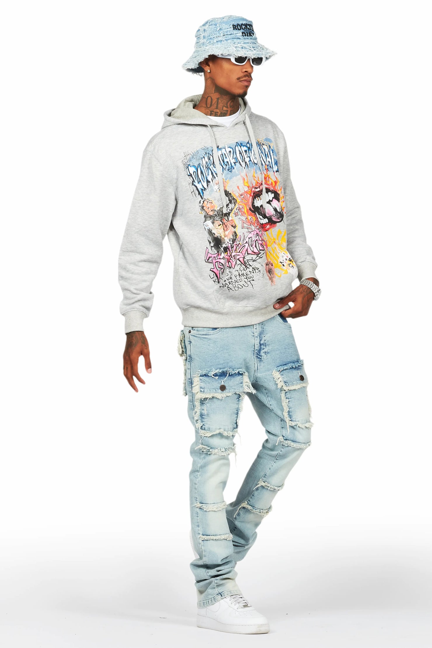 Yooz Heather Grey Hoodie/Stacked Flare Cargo Jean Bundle
