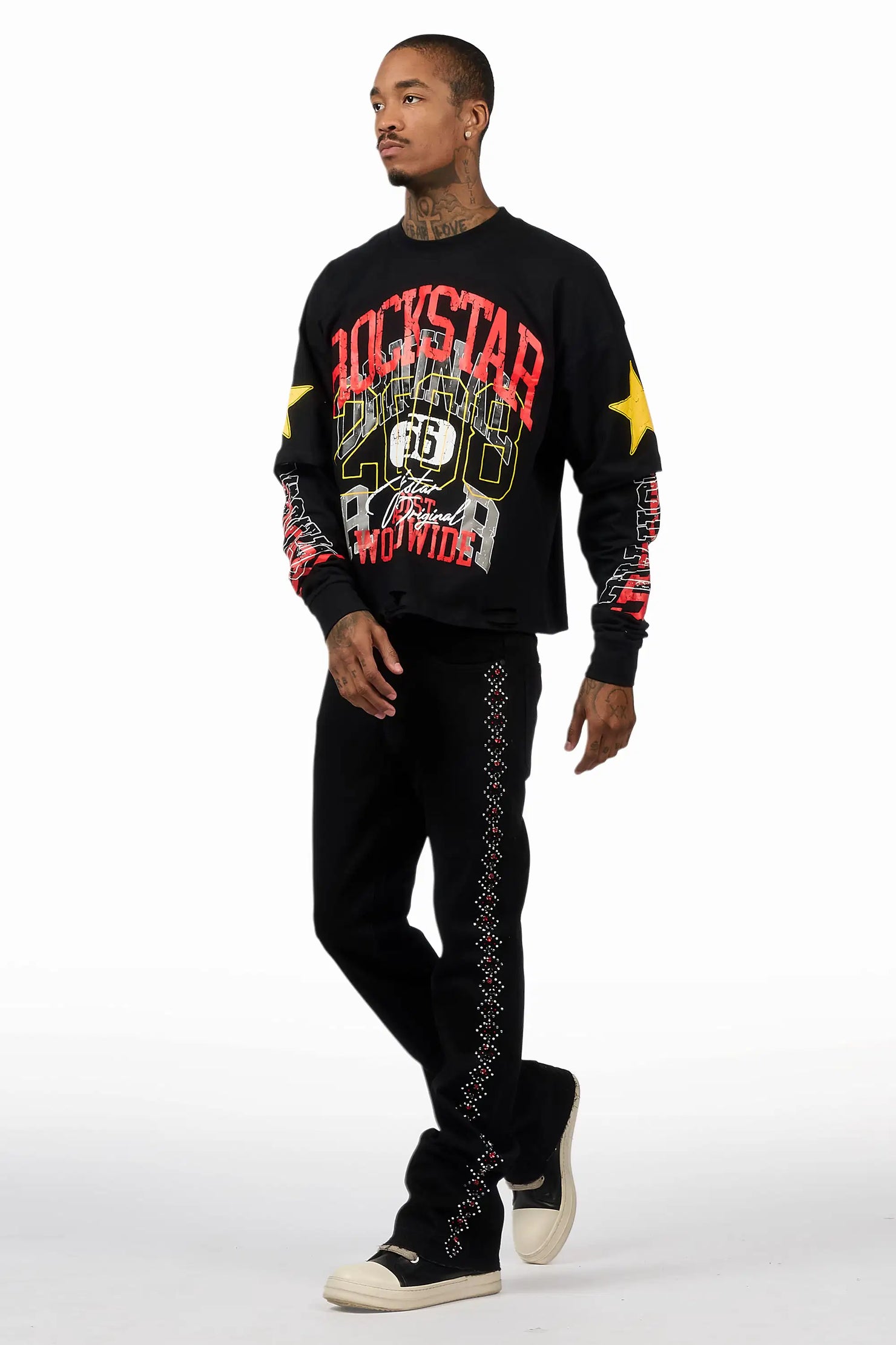 Ozi Rhinestone Black Stacked Flare Jean