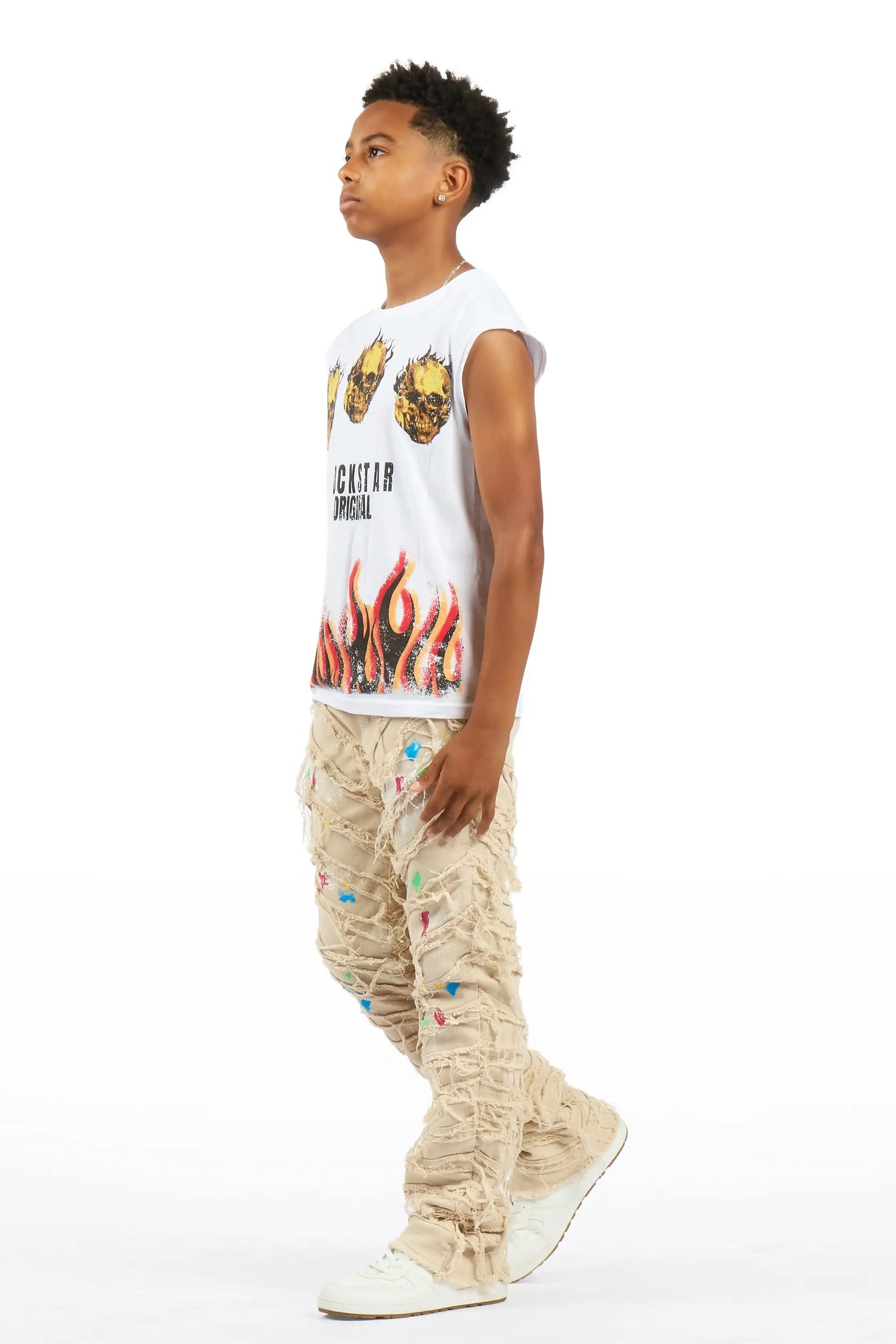 Boys Charly 2.0 Beige Stacked Painter Flare Jean