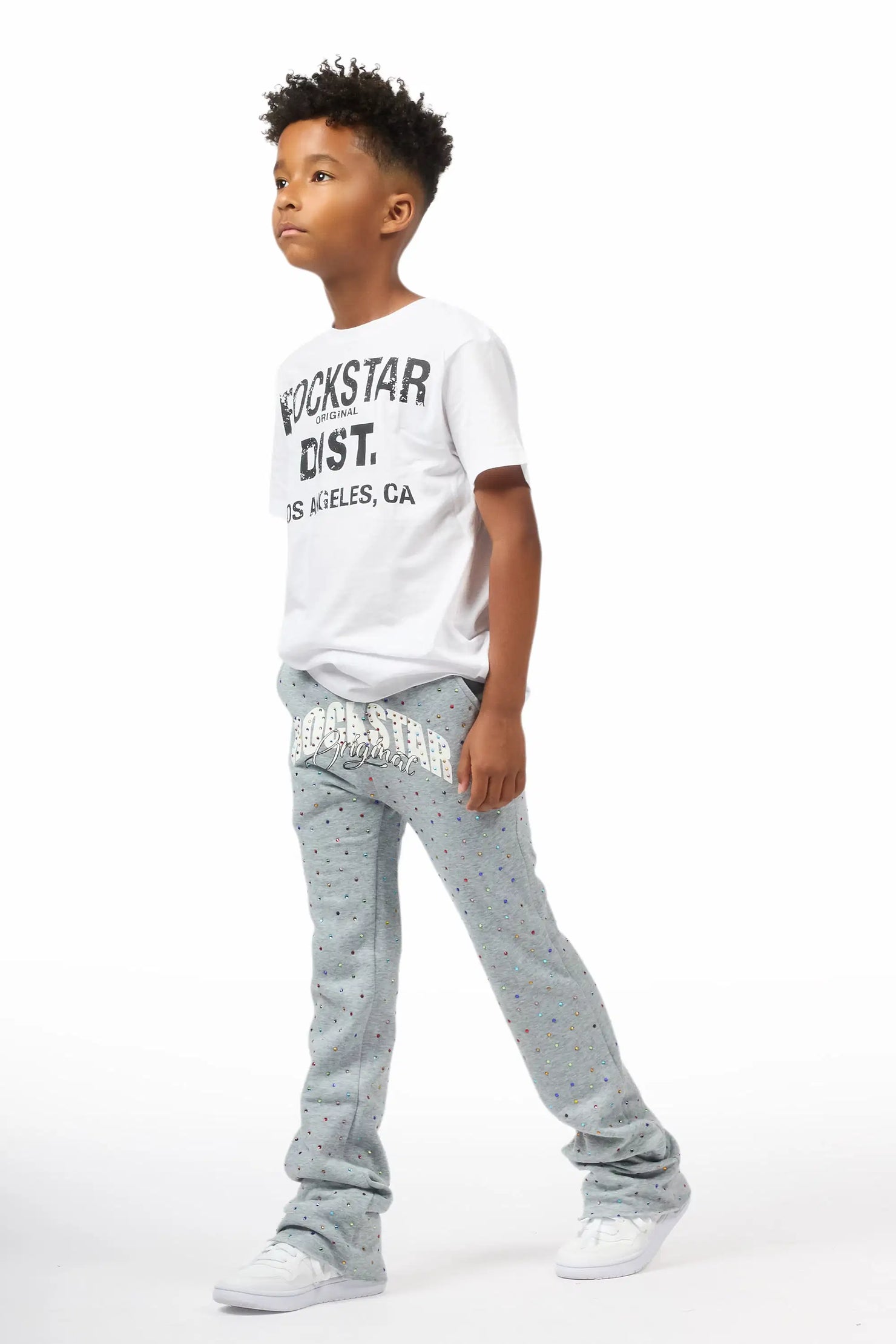 Boys Franchesco Heather Grey Rhinestone Stacked Track Pant