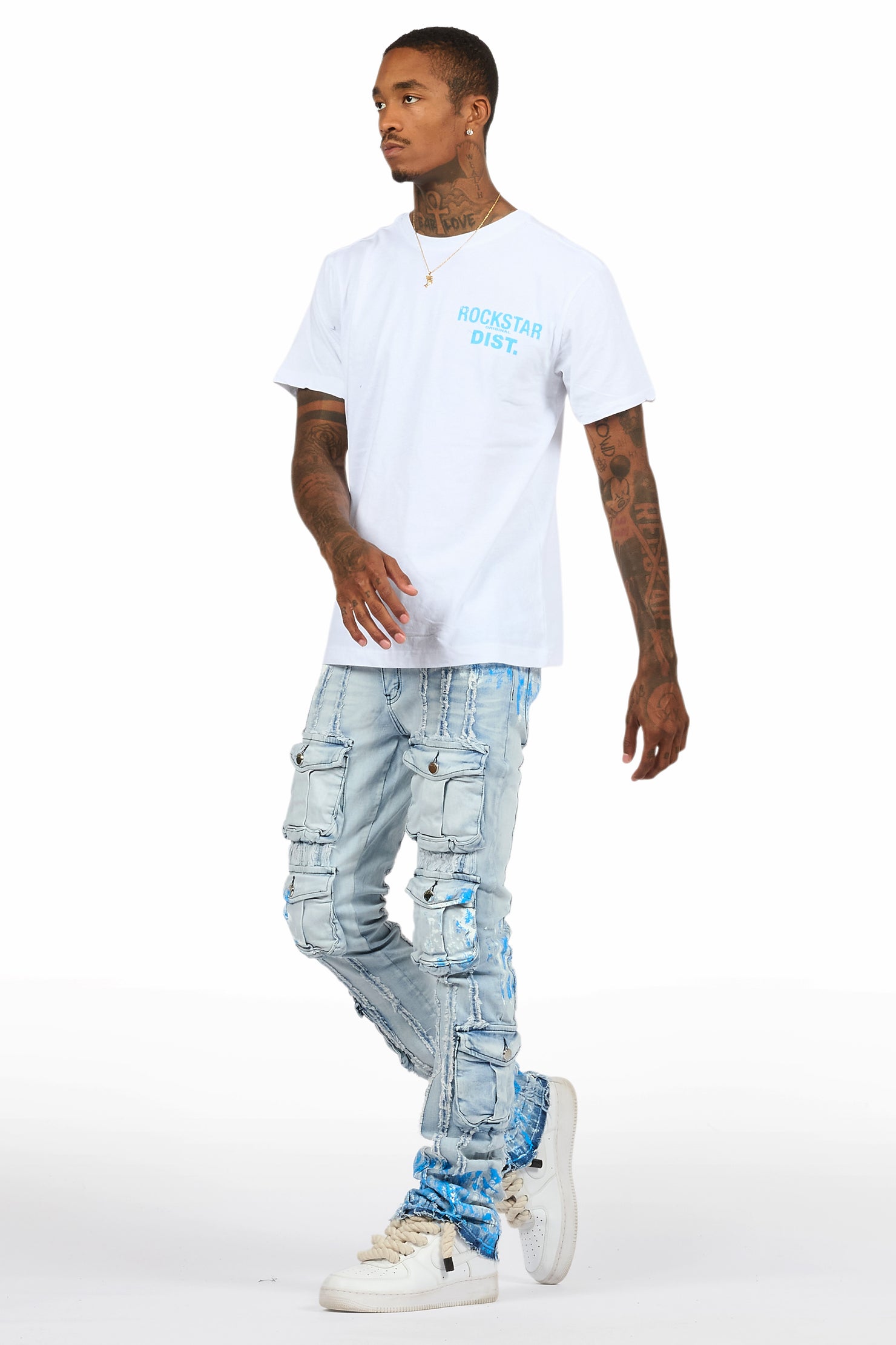Quentin White/Blue T-Shirt/Stacked Flare Jean Set