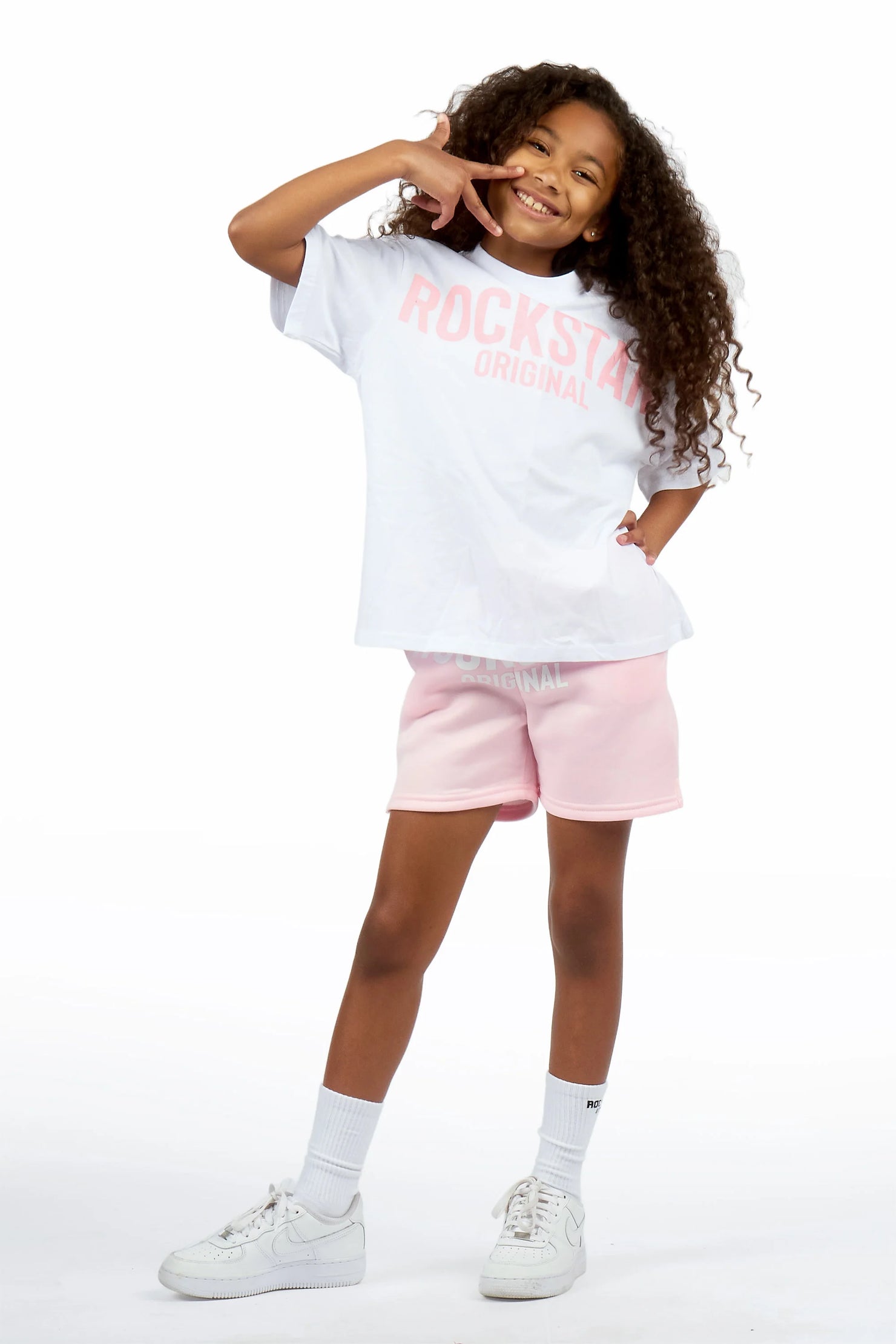 Girls Sabrina White/Light Pink Short Set