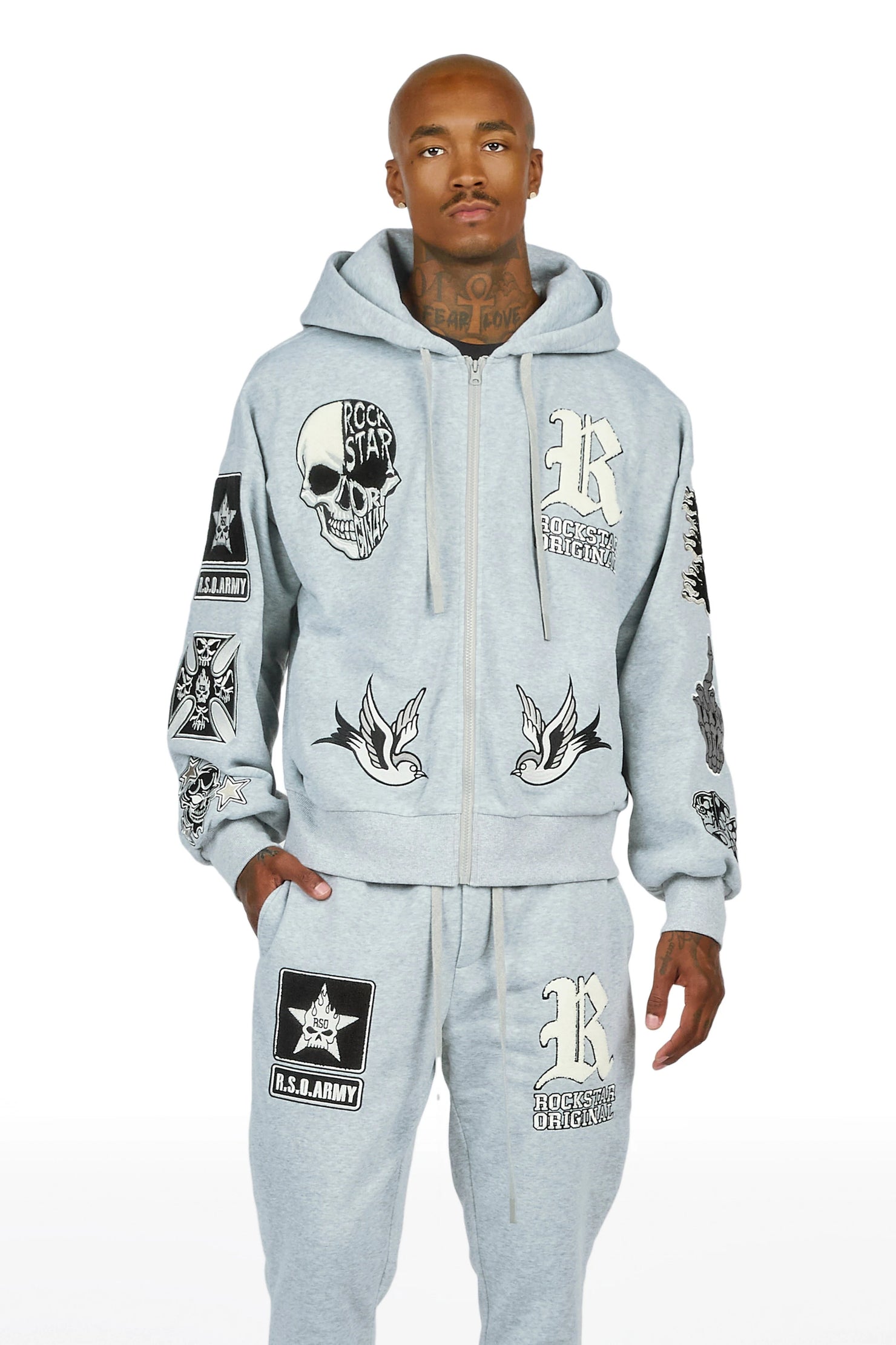 Vidar Heather Grey Zip Up Hoodie Stacked Track Set