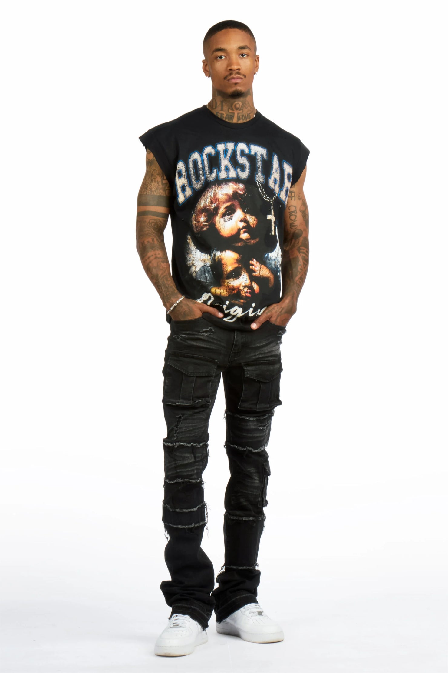 Deiter 2.0 Black Oversized Graphic T-Shirt & Folant Dark Grey Stacked Cargo Flare Jean Set