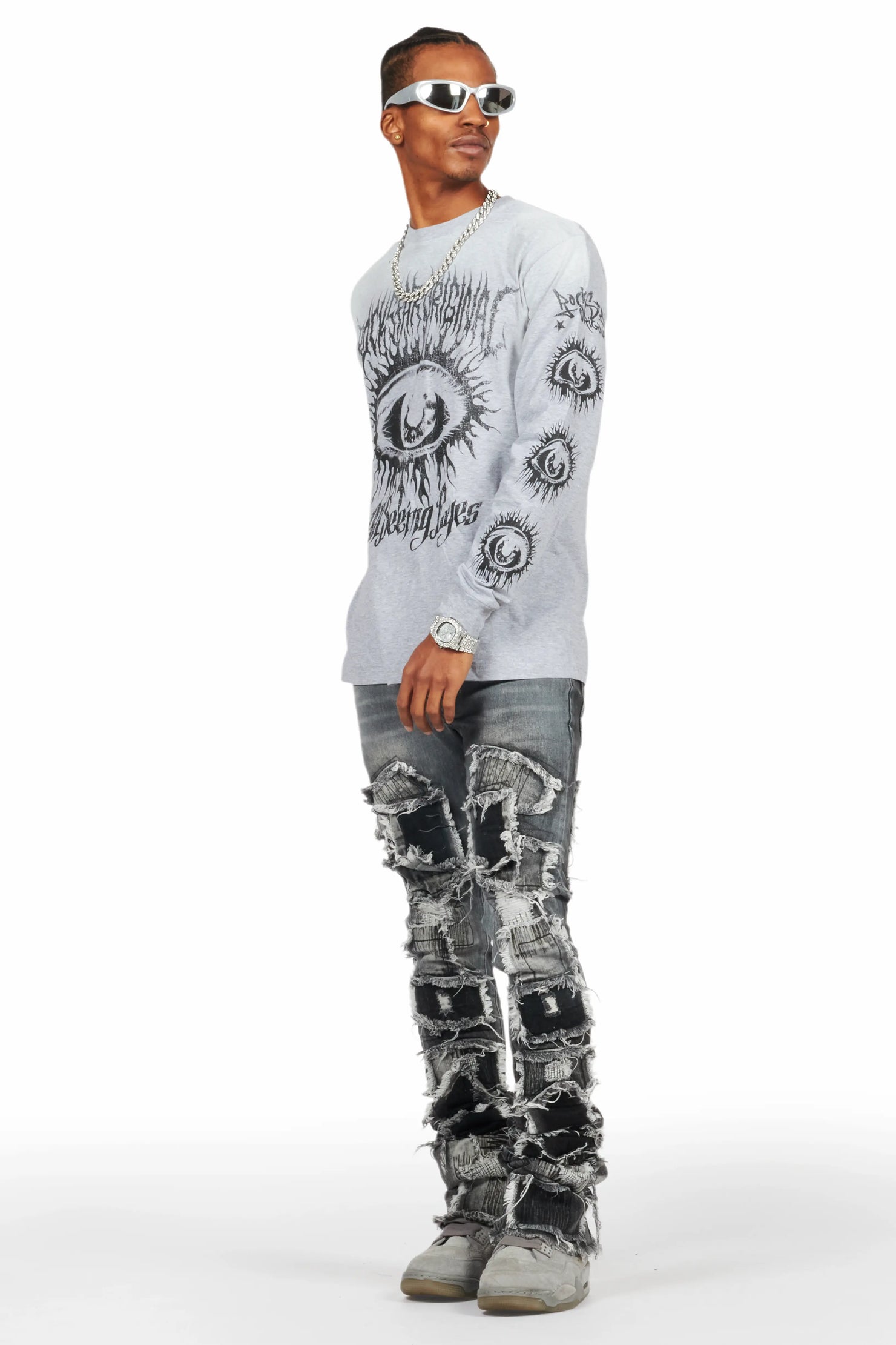 All Seeing Eyes Grey Long Sleeve T-Shirt/Super Stacked Flare Jean Bundle