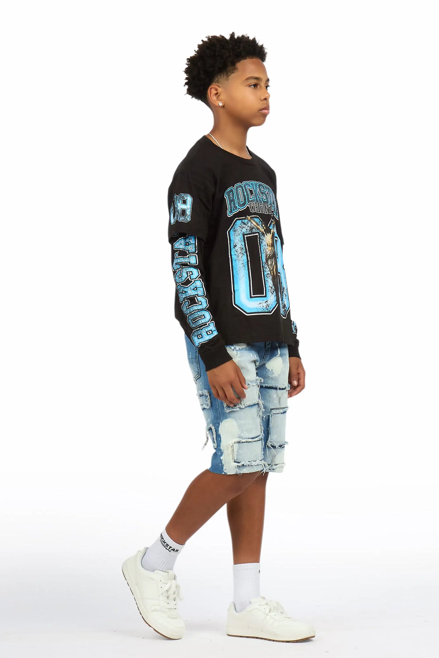 Boys Fieban Black/Blue Double Layer T-Shirt/Denim Short Set