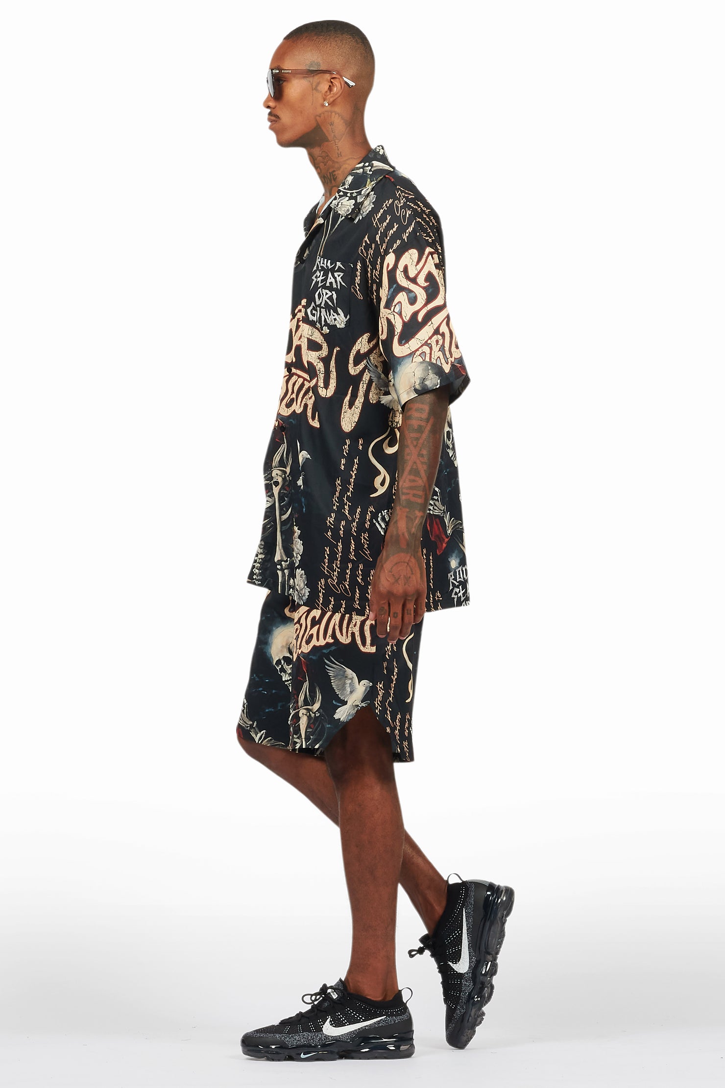 Clout Black Button Down Short Set