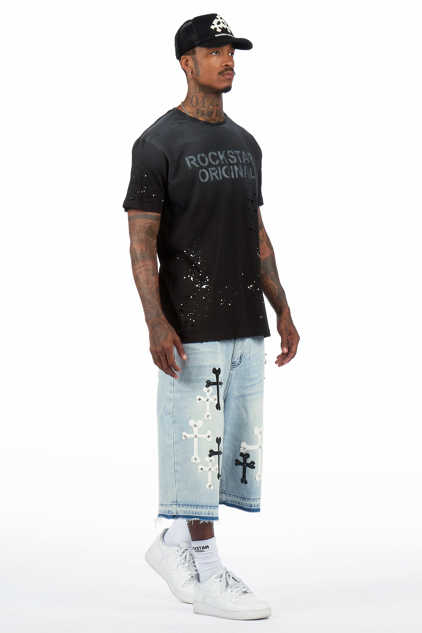 Olivier Light Blue Patch Rhinestone Denim Short