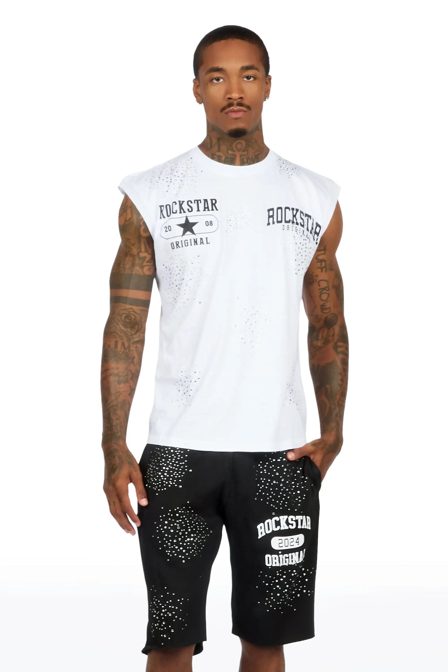 Gutta 2.0 White/Black Rhinestone Cut Sleeve T-Shirt/Short Set