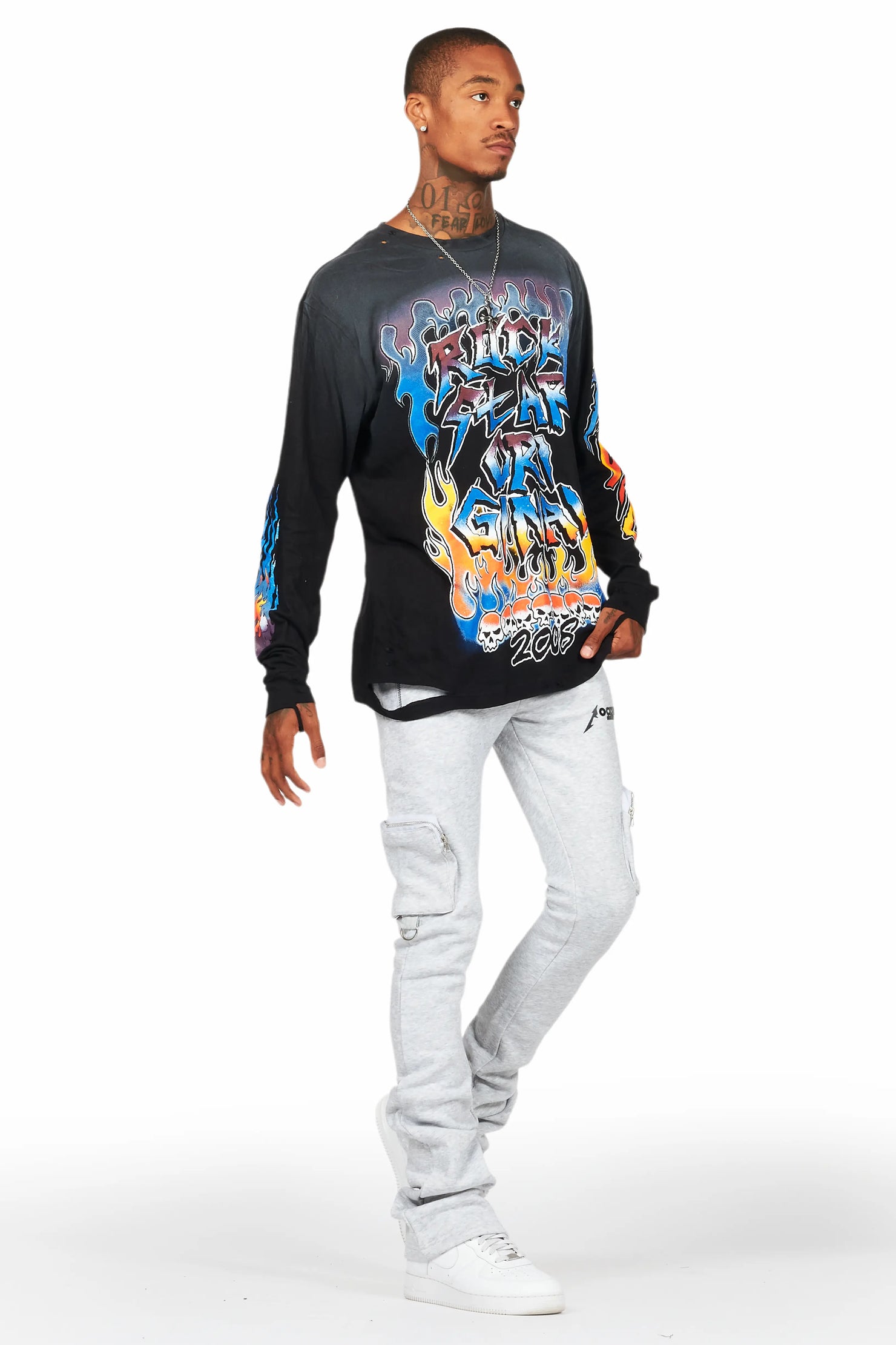 Colin Heather Grey Stacked Flare Track Pant