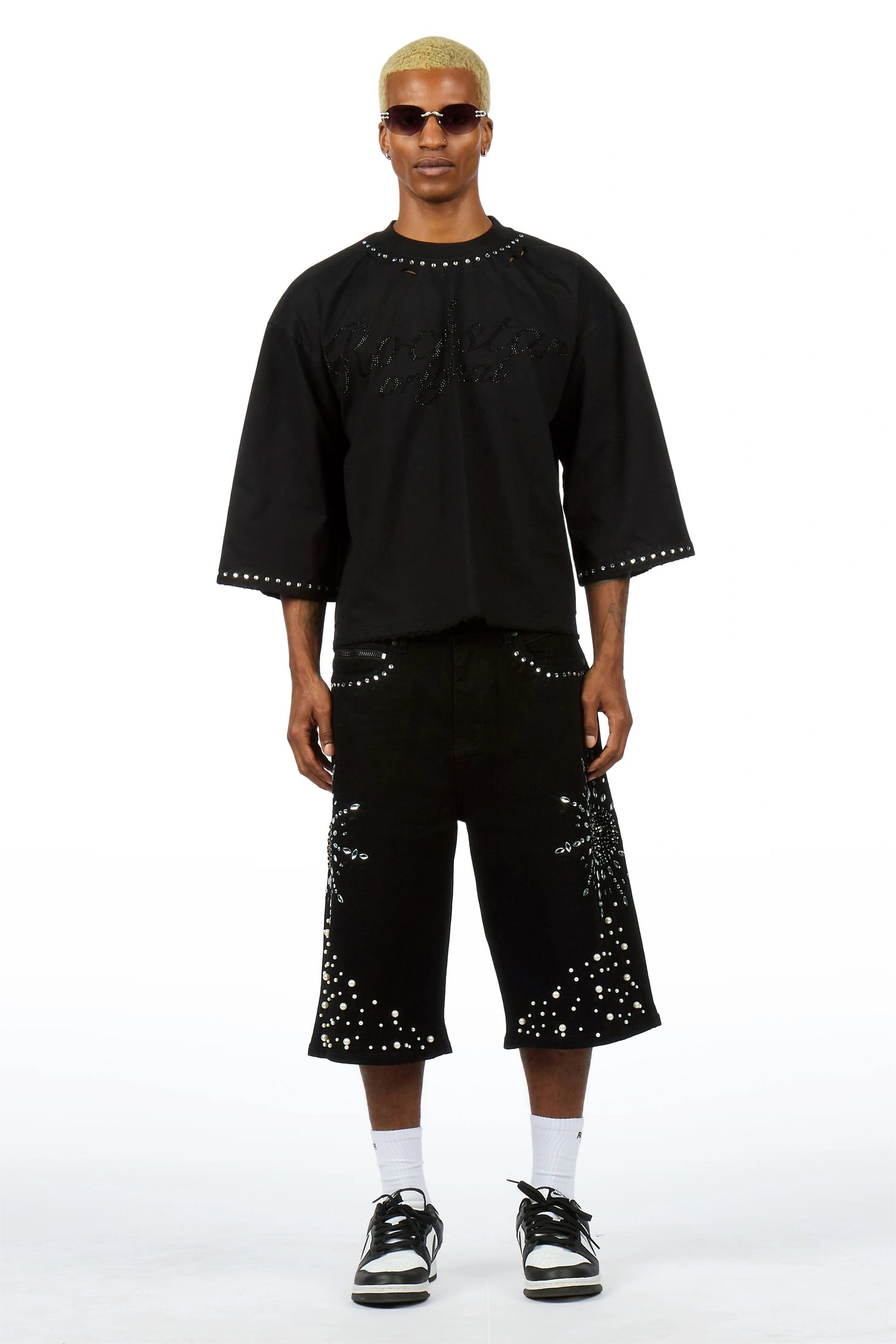 Tryst Black Rhinestone T-Shirt Denim Short Set