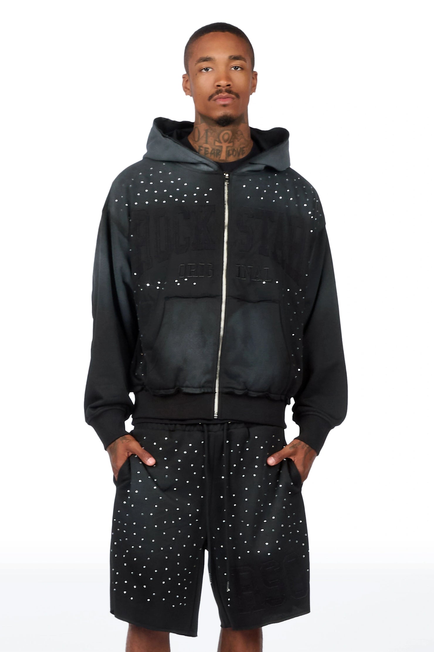 Akila Black Rhinestone Hoodie Double Waisted Short Set