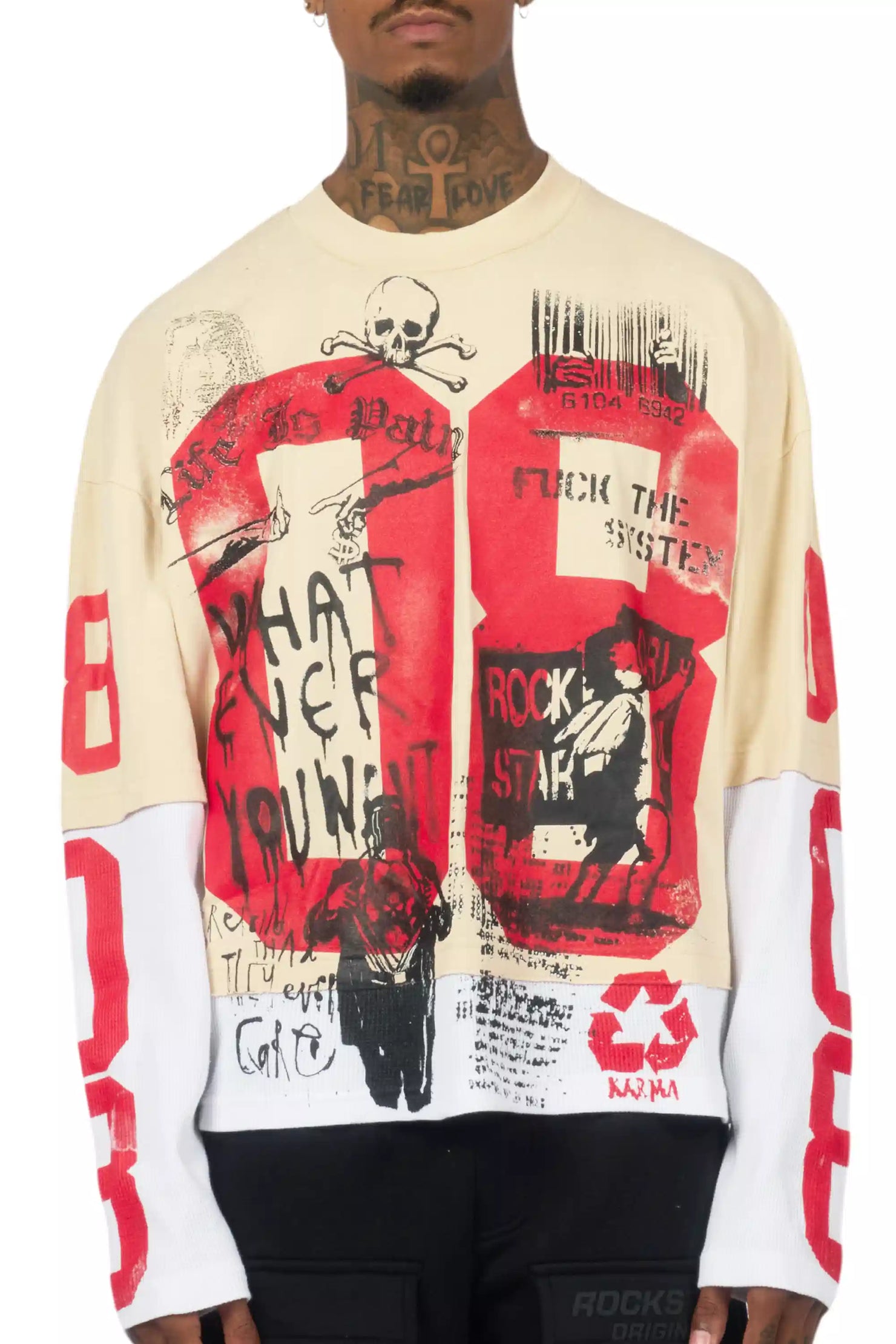 Grill Beige/Red Boxy Crop Double Layer Tee