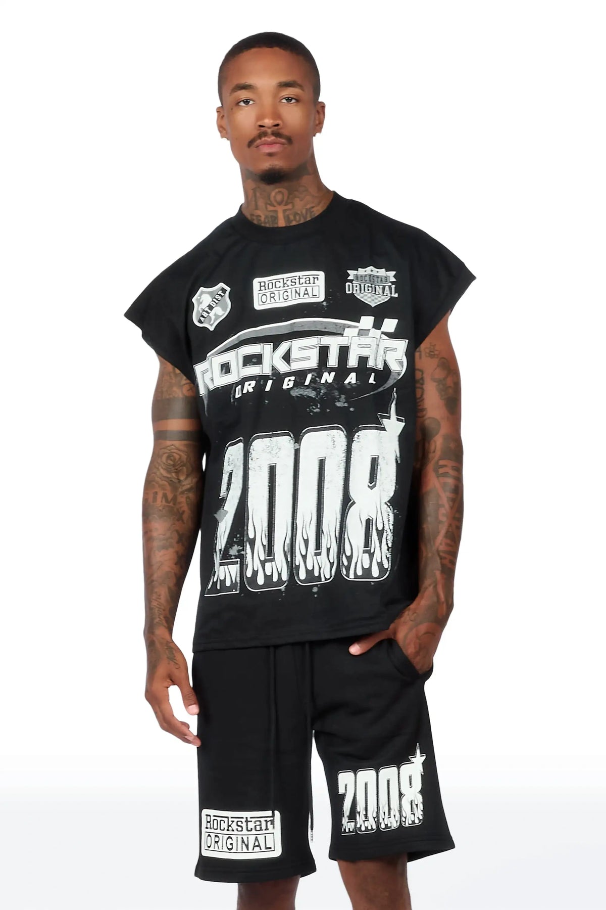 Amos Black/White Graphic Cut Sleeve T-Shirt Short Set