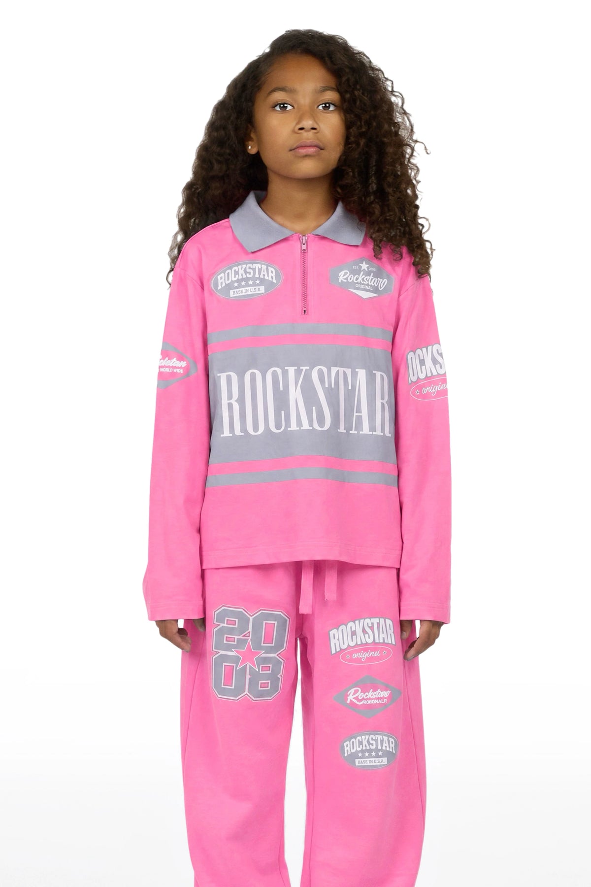 Girls Versenya Bubblegum/Grey Long Sleeve Polo Track Set