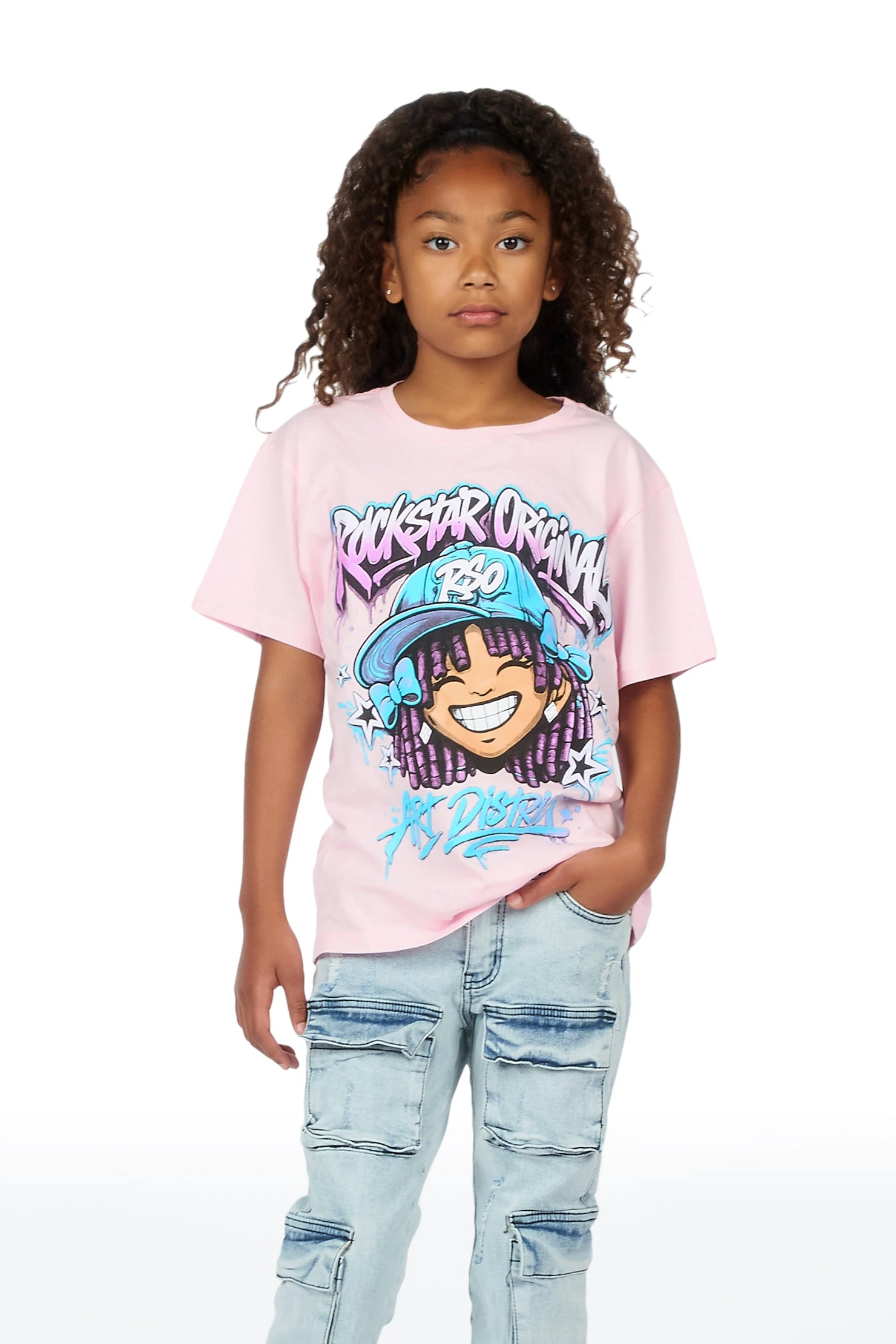 Girls Aze Pink/Light Wash T-Shirt Stacked Jean Set
