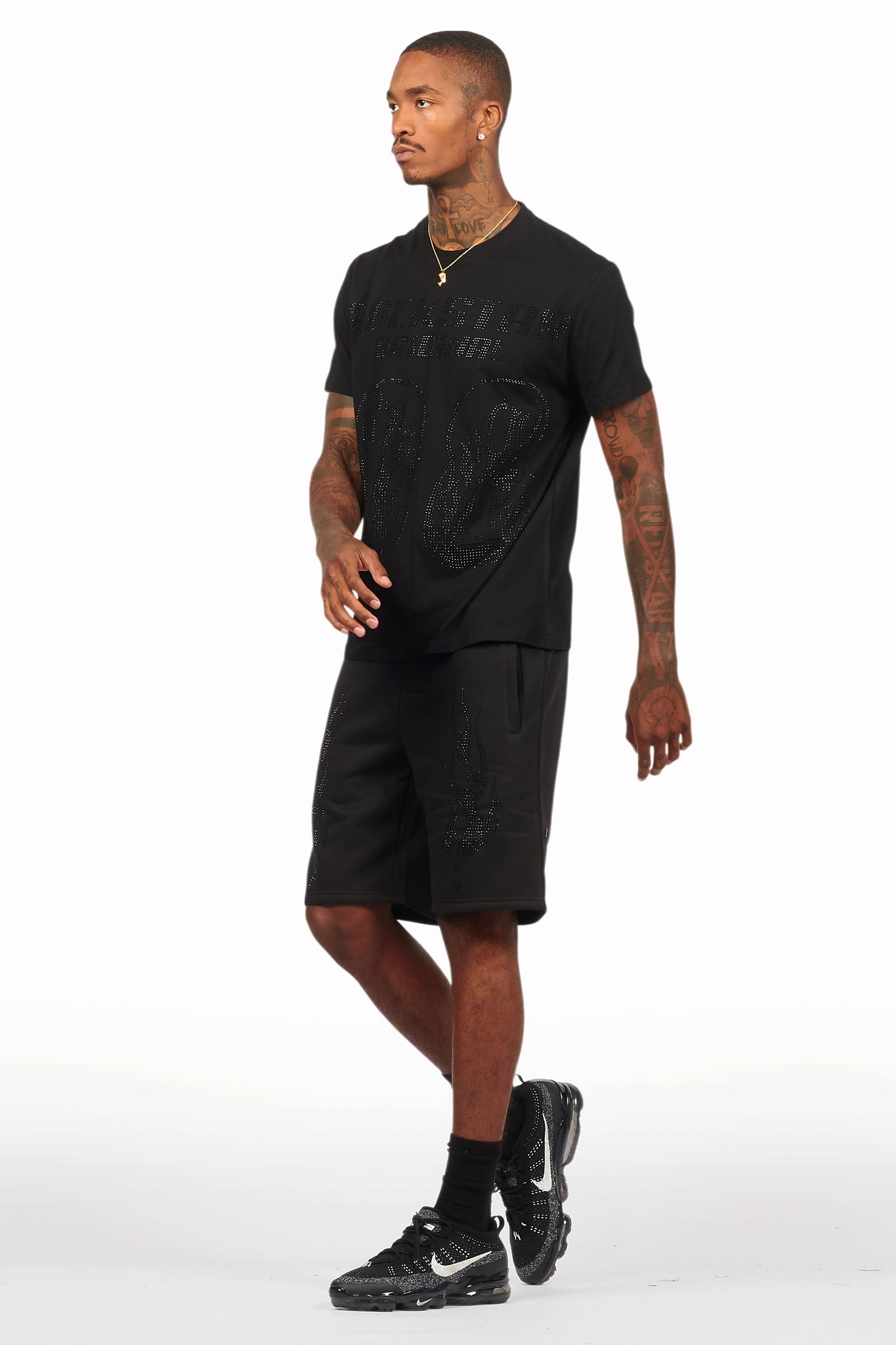 Ridley Black/Black Rhinestone T Shirt Short Set