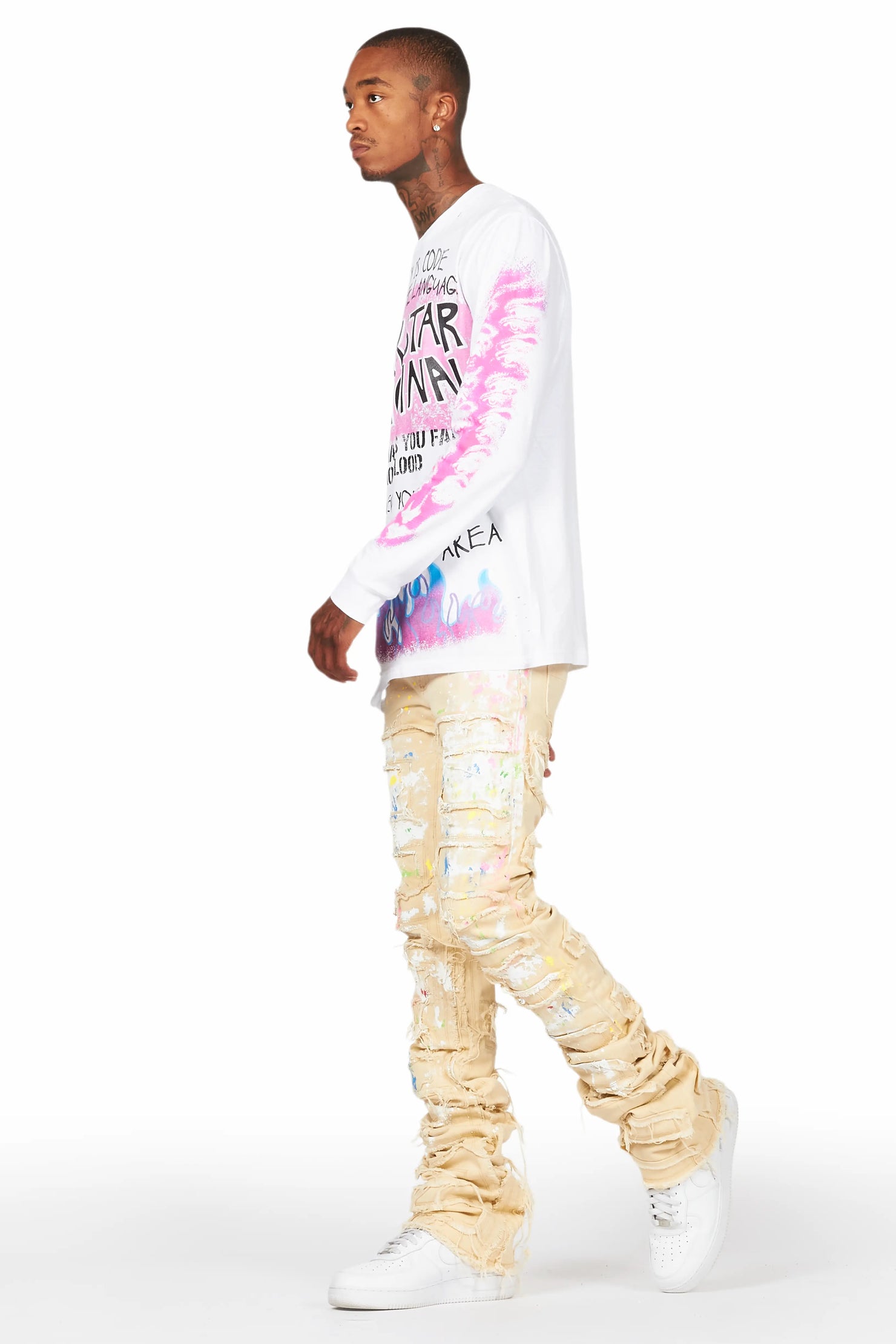 Fallon Beige Painter Super Stacked Flare Jean