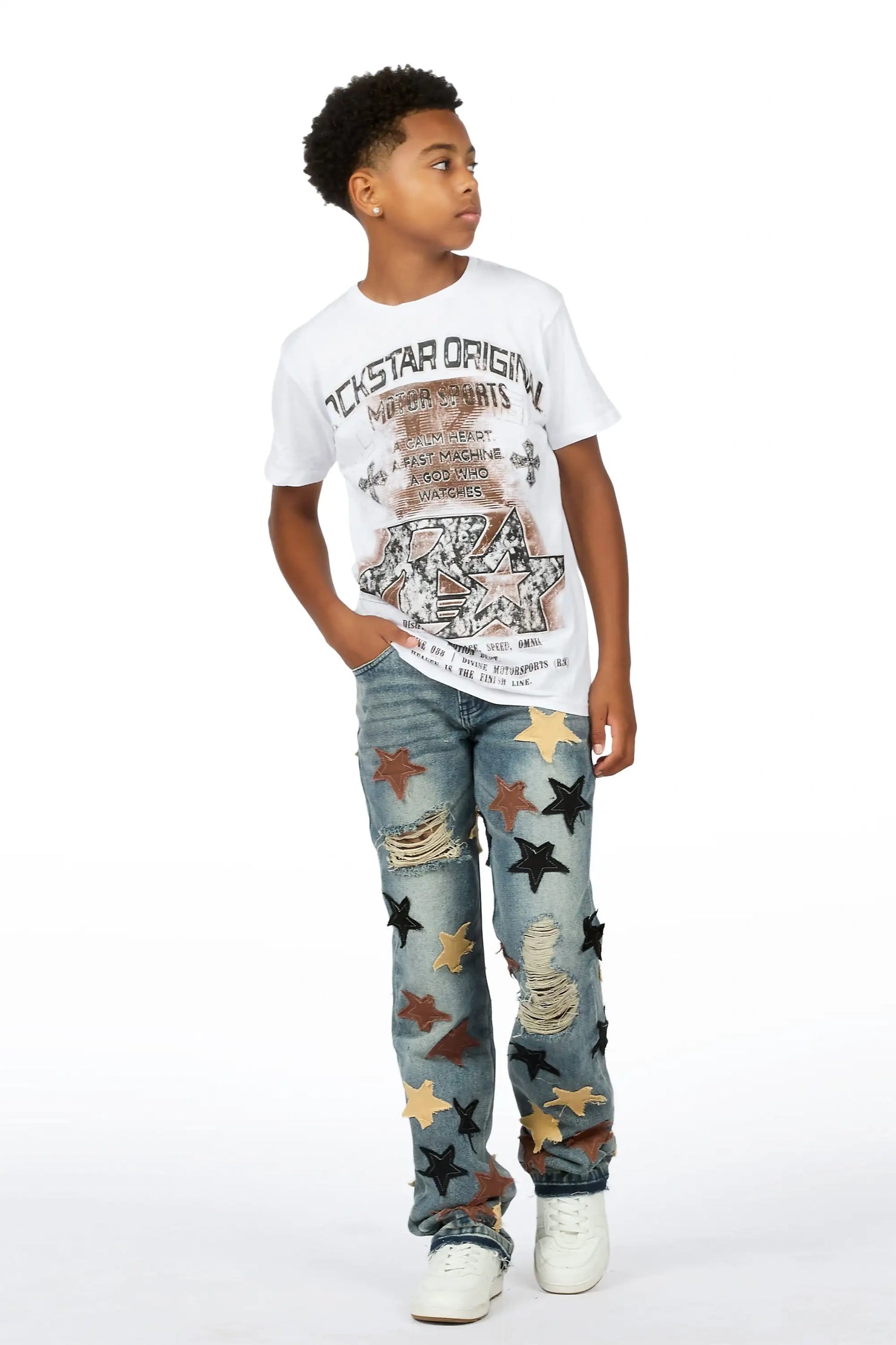 Boys Byson White/Brown T-Shirt Patchwork Jean Set