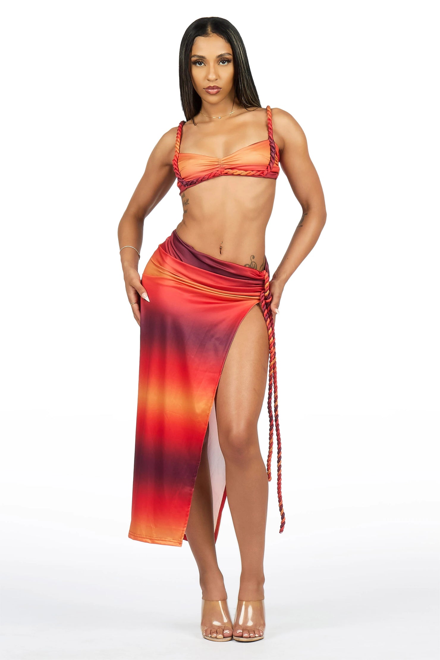 Braid-It Strap Orange Ombre Crop Top & Maxi Skirt Set