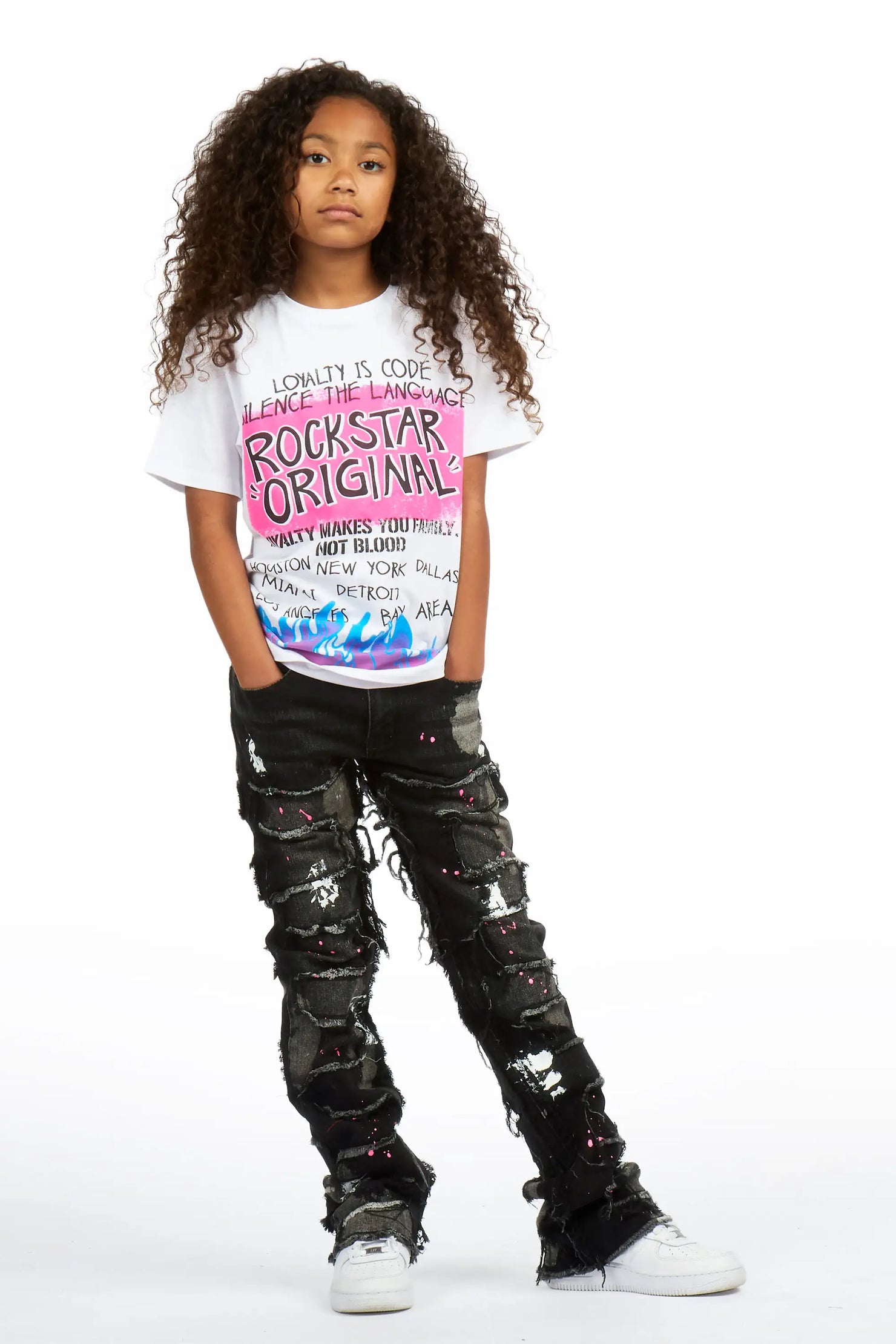 Girls Bannie Black/Pink Stacked Painter Flare Jean
