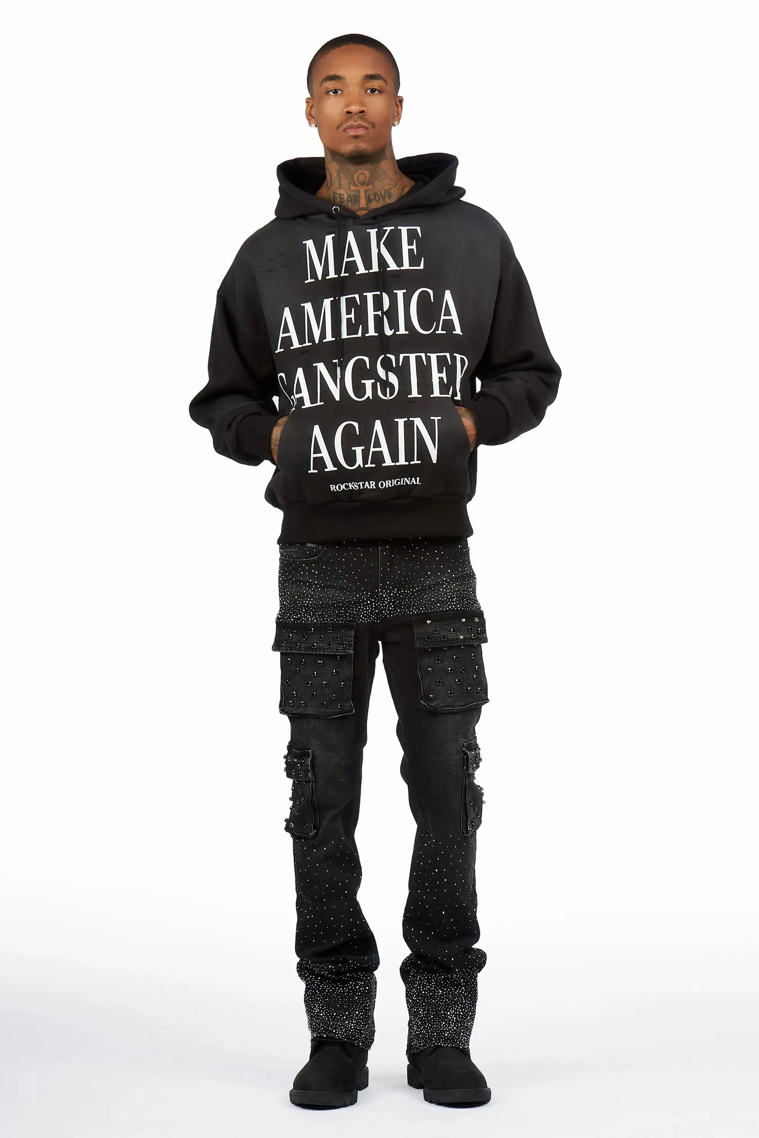 Drako Black Graphic Distressed Relaxed Hoodie