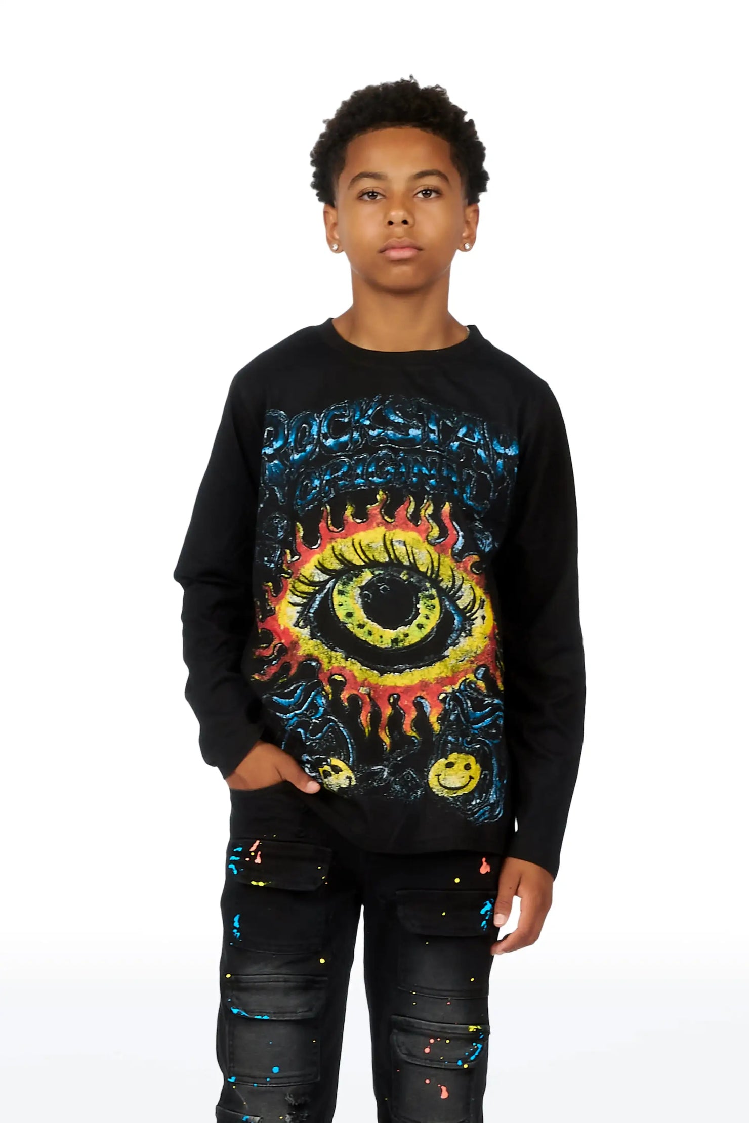 Boys Storm Black Long Sleeve T-shirt Painter Stacked Jean Set