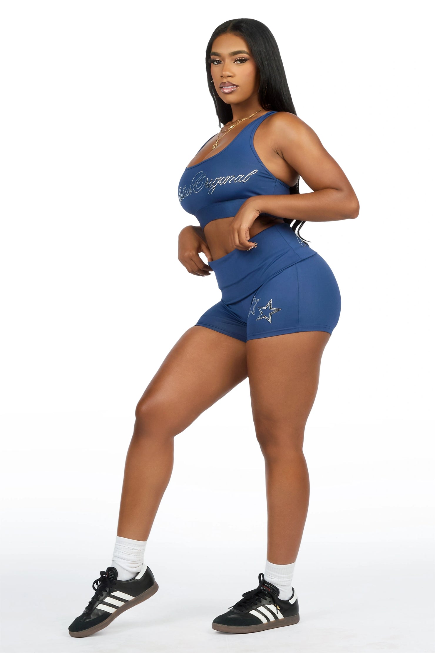 Arieona Navy Rhinestone Sports Bra Foldover Short Set