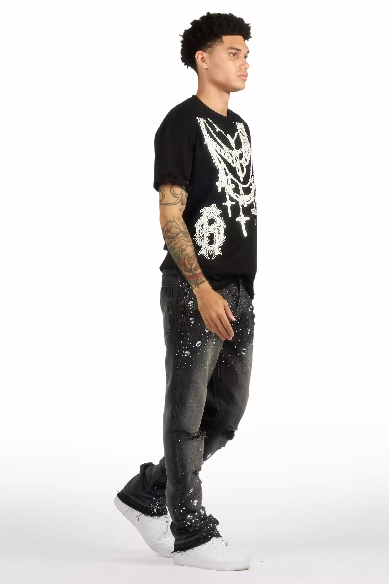 Glanz Dark Grey Rhinestone Stacked Flare Jean